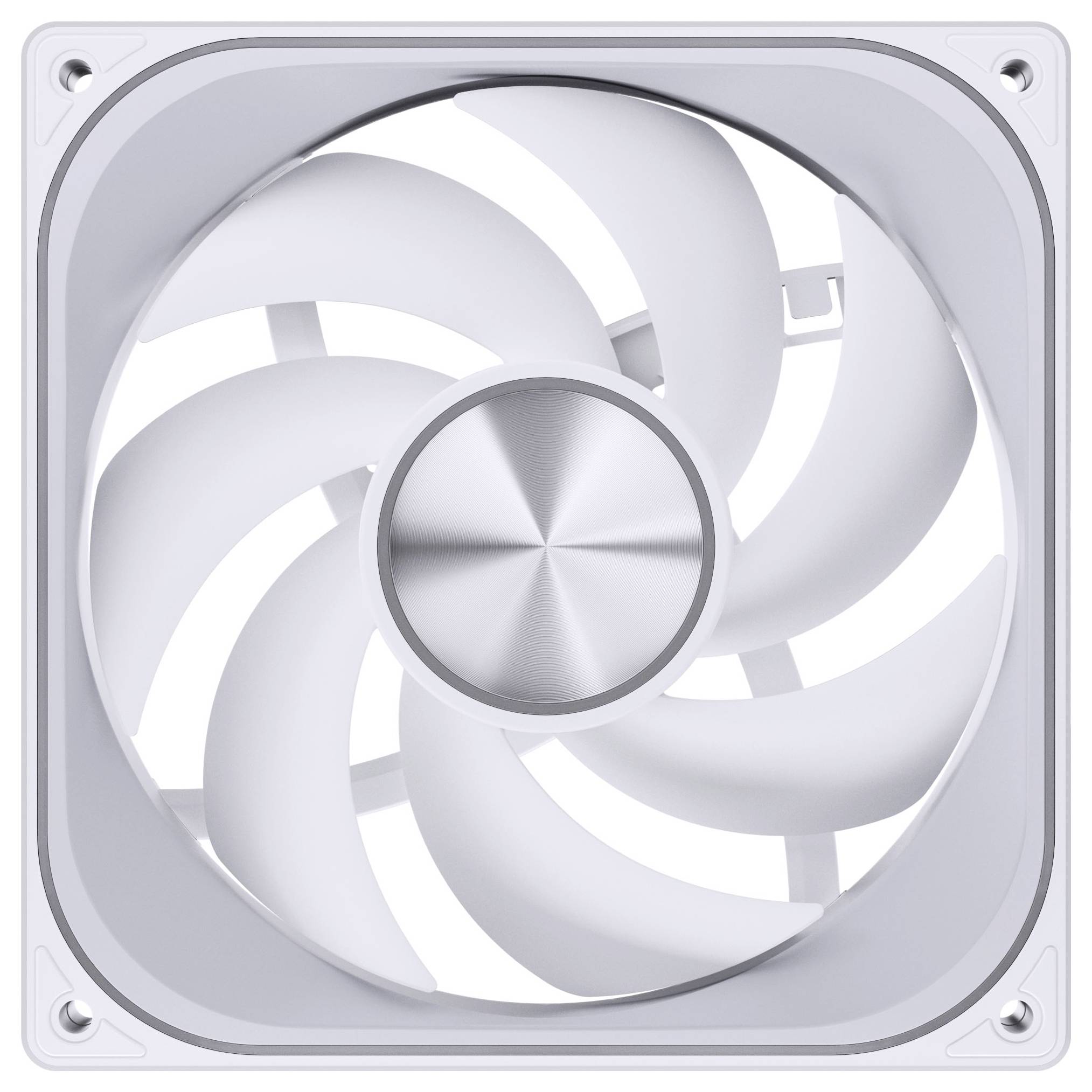 Un ventilateur de refroidissement informatique blanc avec sept pales, vu de dessus, encadré par un boîtier carré, conçu pour les systèmes de refroidissement efficaces.