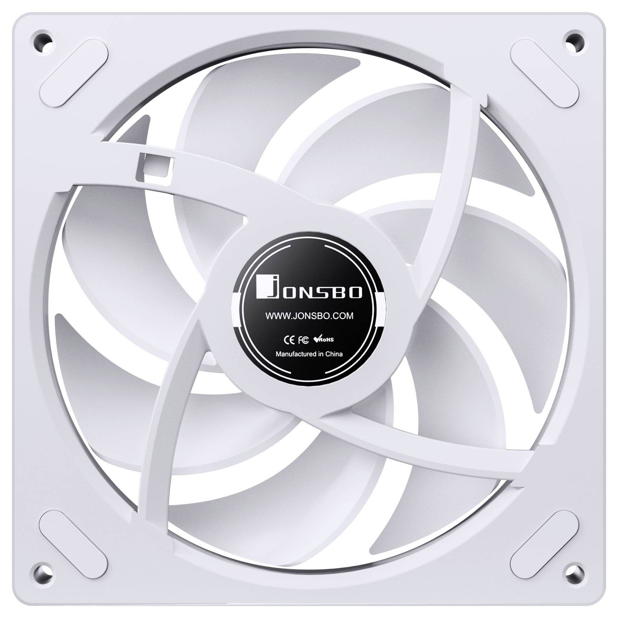 A square, white computer case fan with curved blades, featuring a central logo and text 'JONSBO', designed for cooling computer components.