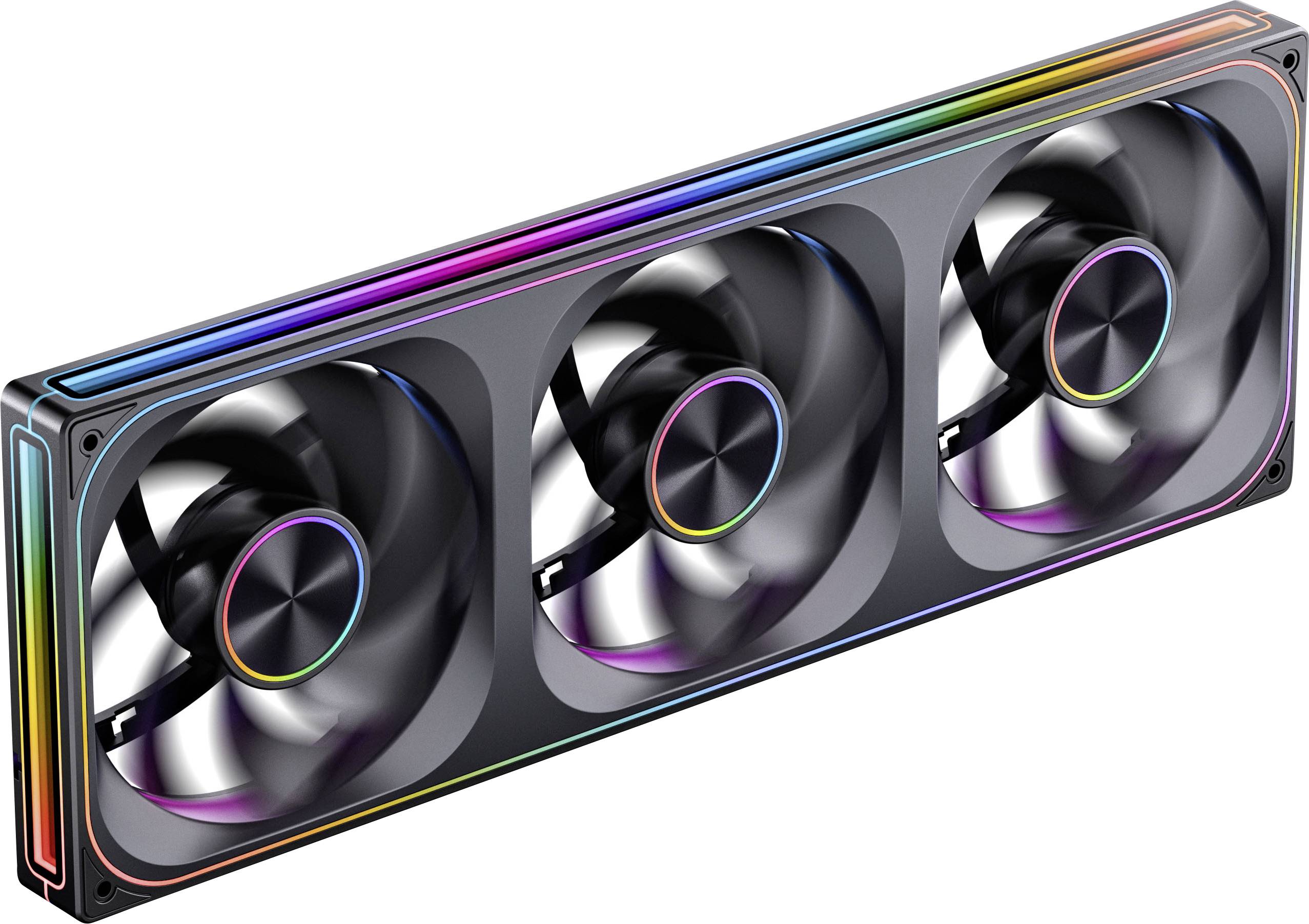 Un système de refroidissement informatique triple ventilateur avec éclairage RGB, conçu pour un flux d'air amélioré et une régulation thermique dans les configurations hautes performances.