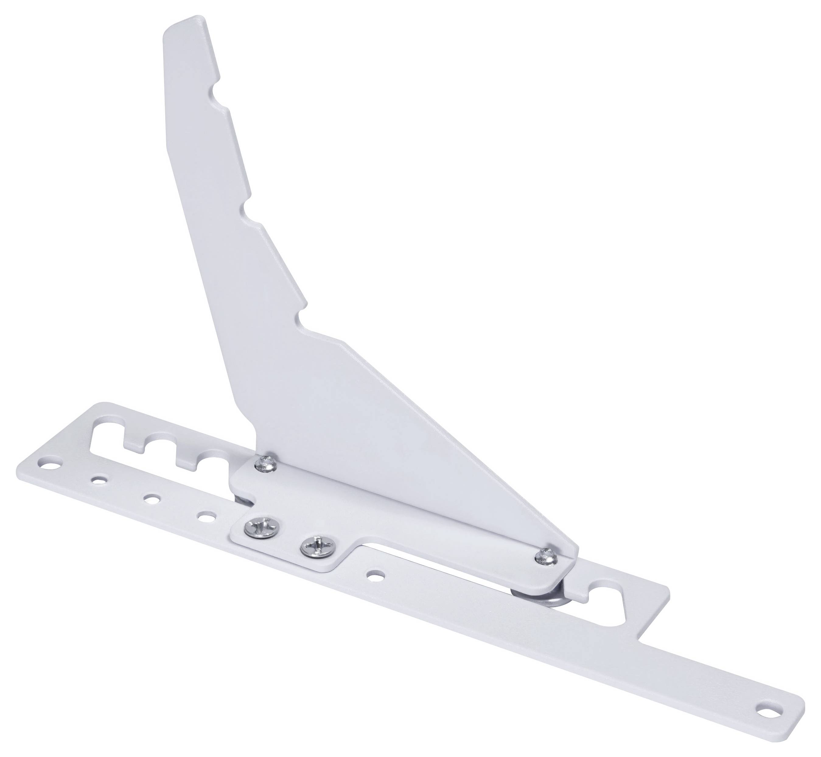 A metal bracket with a hinge and multiple holes, designed for adjustable positioning or mounting purposes.