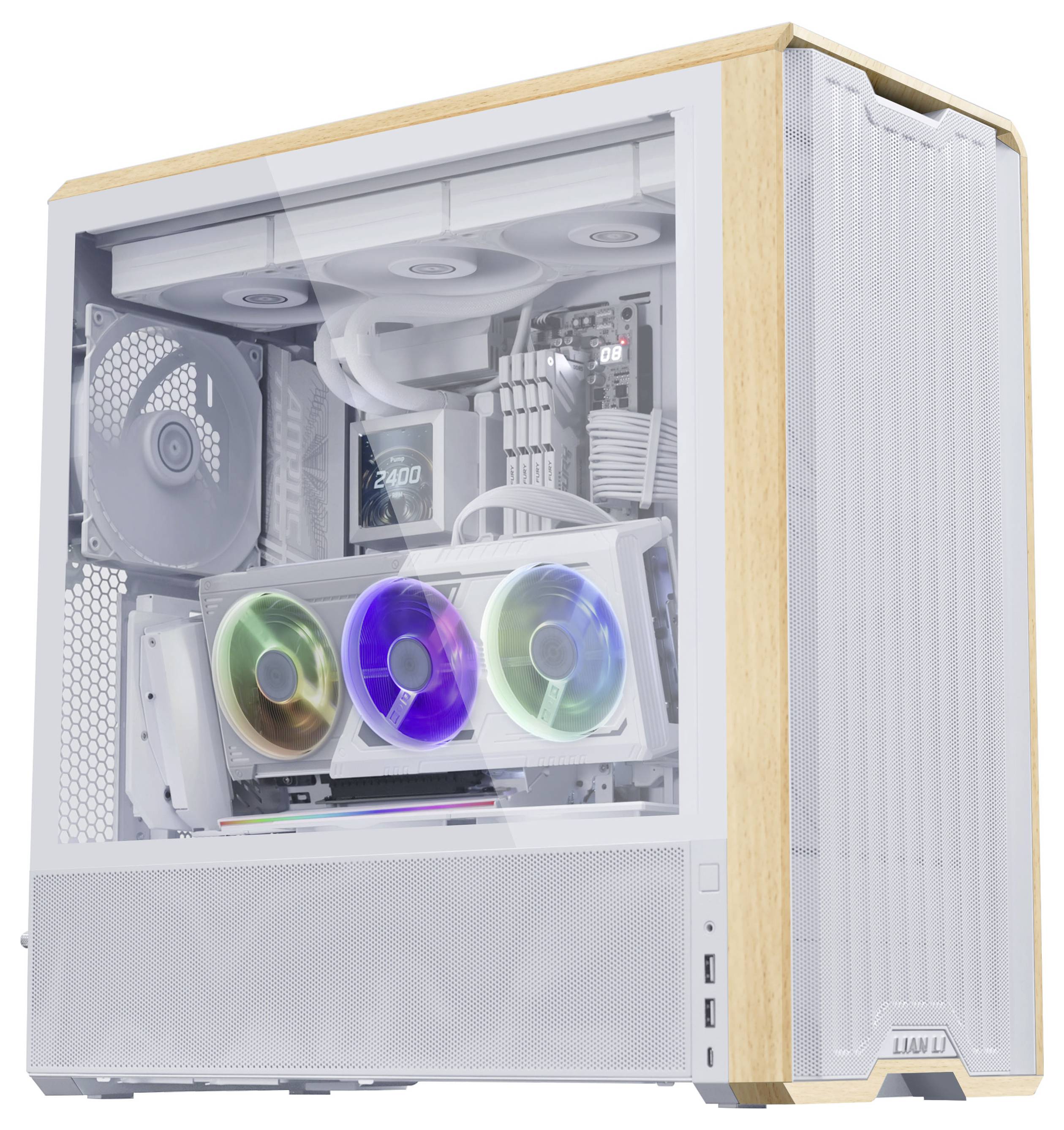A white and wood-accented desktop computer tower with transparent side panel showing colorful internal cooling fans.
