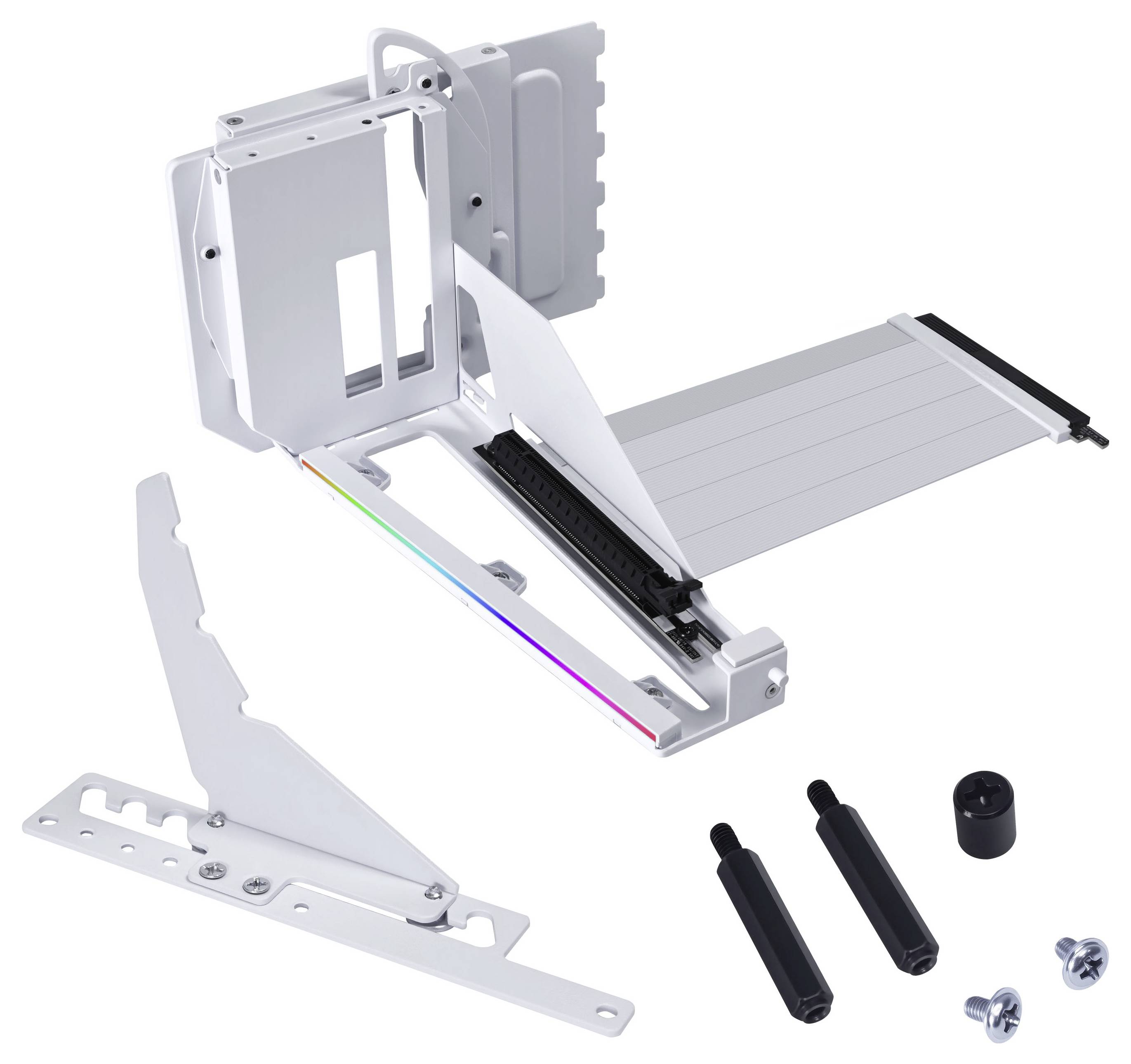 Un kit de support de GPU blanc avec des bras ajustables, des vis et des composants, incluant une rallonge verticale et une bande RGB pour l'installation sur PC.