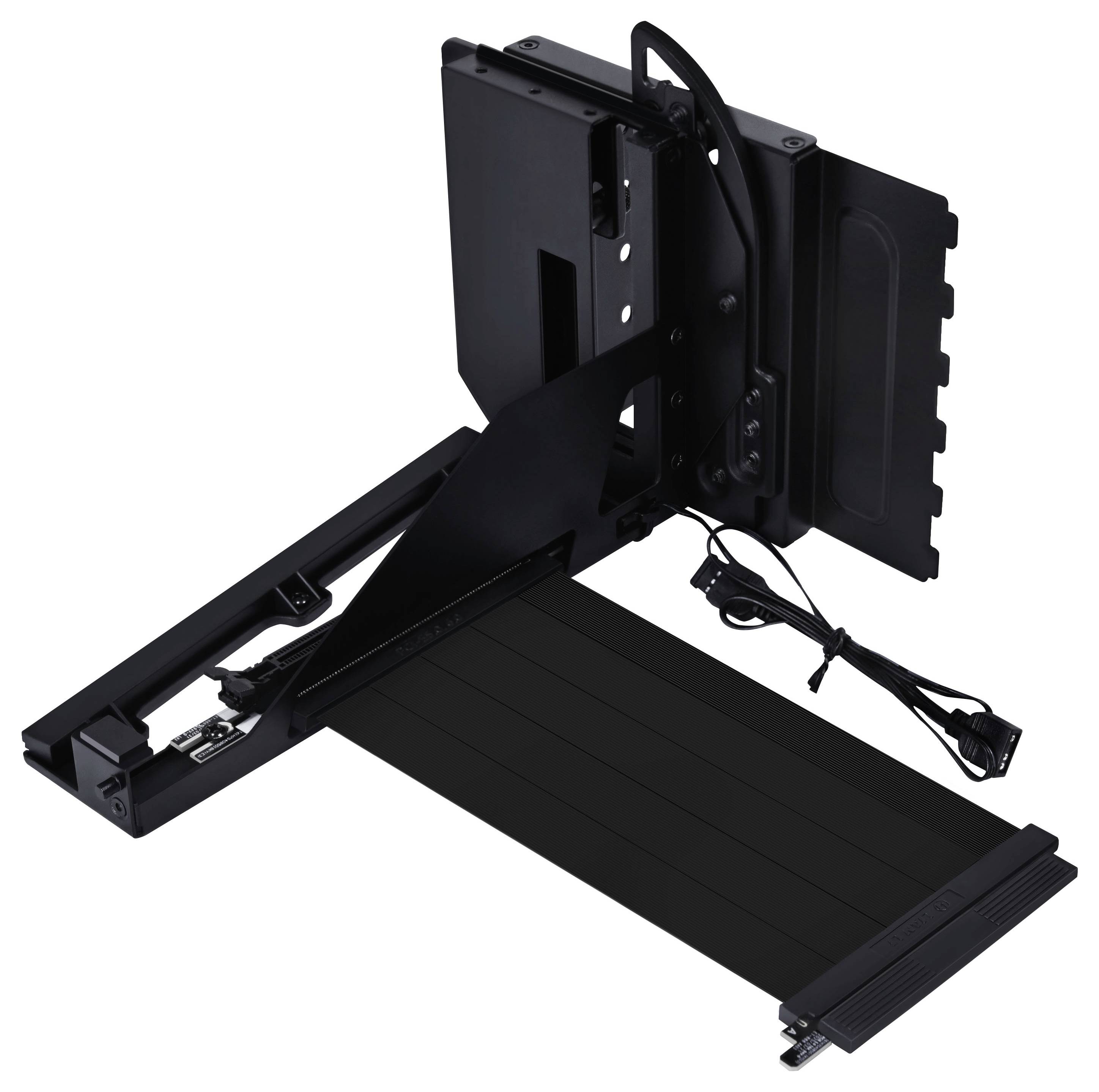 Un support tour informatique noir sur roulettes avec des sangles de câbles. Il dispose d'une largeur ajustable et d'une conception robuste pour supporter un boîtier PC de bureau.