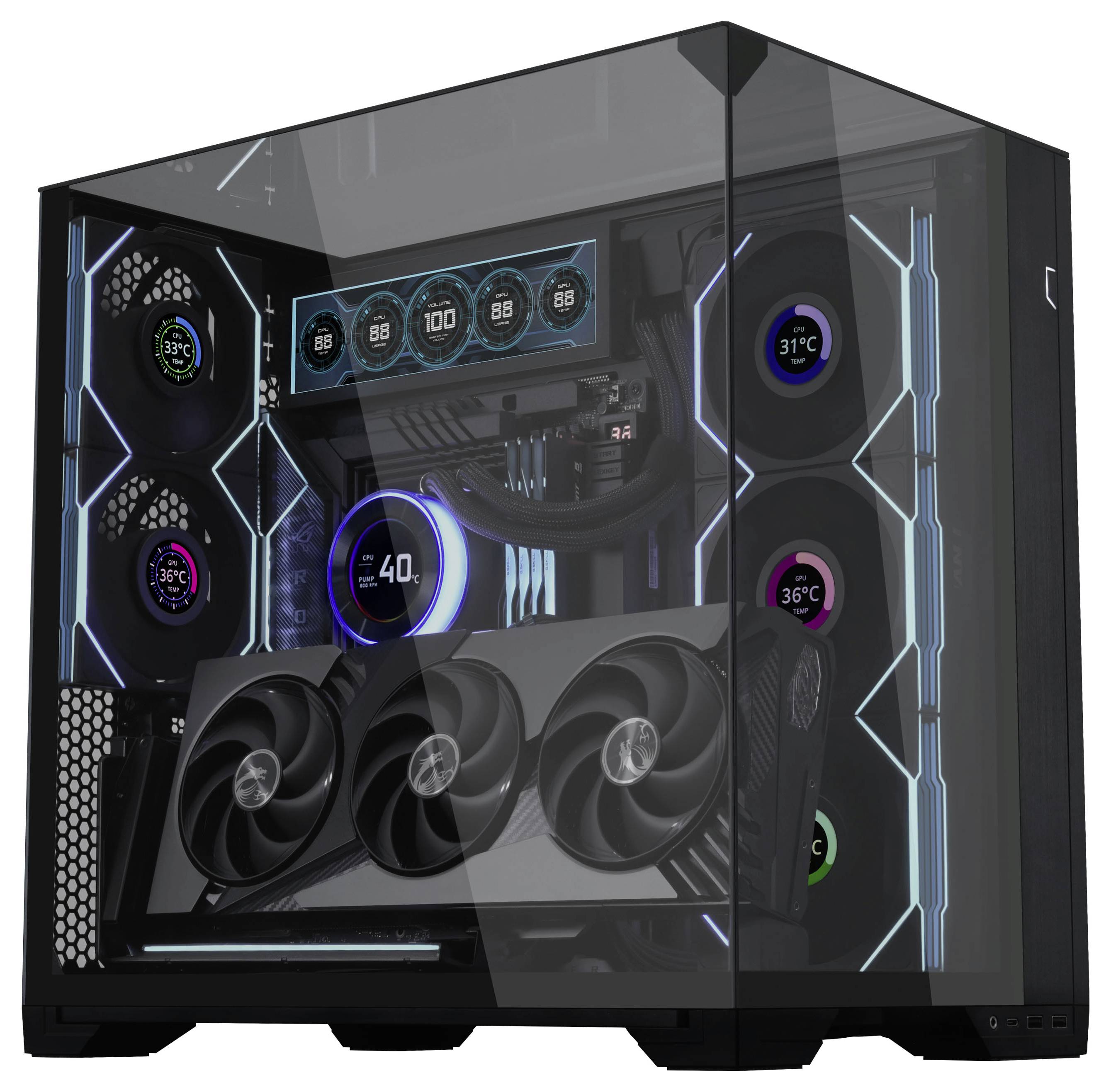 A high-end gaming PC with a transparent case showcasing illuminated cooling fans, a large graphics card, and temperature displays.