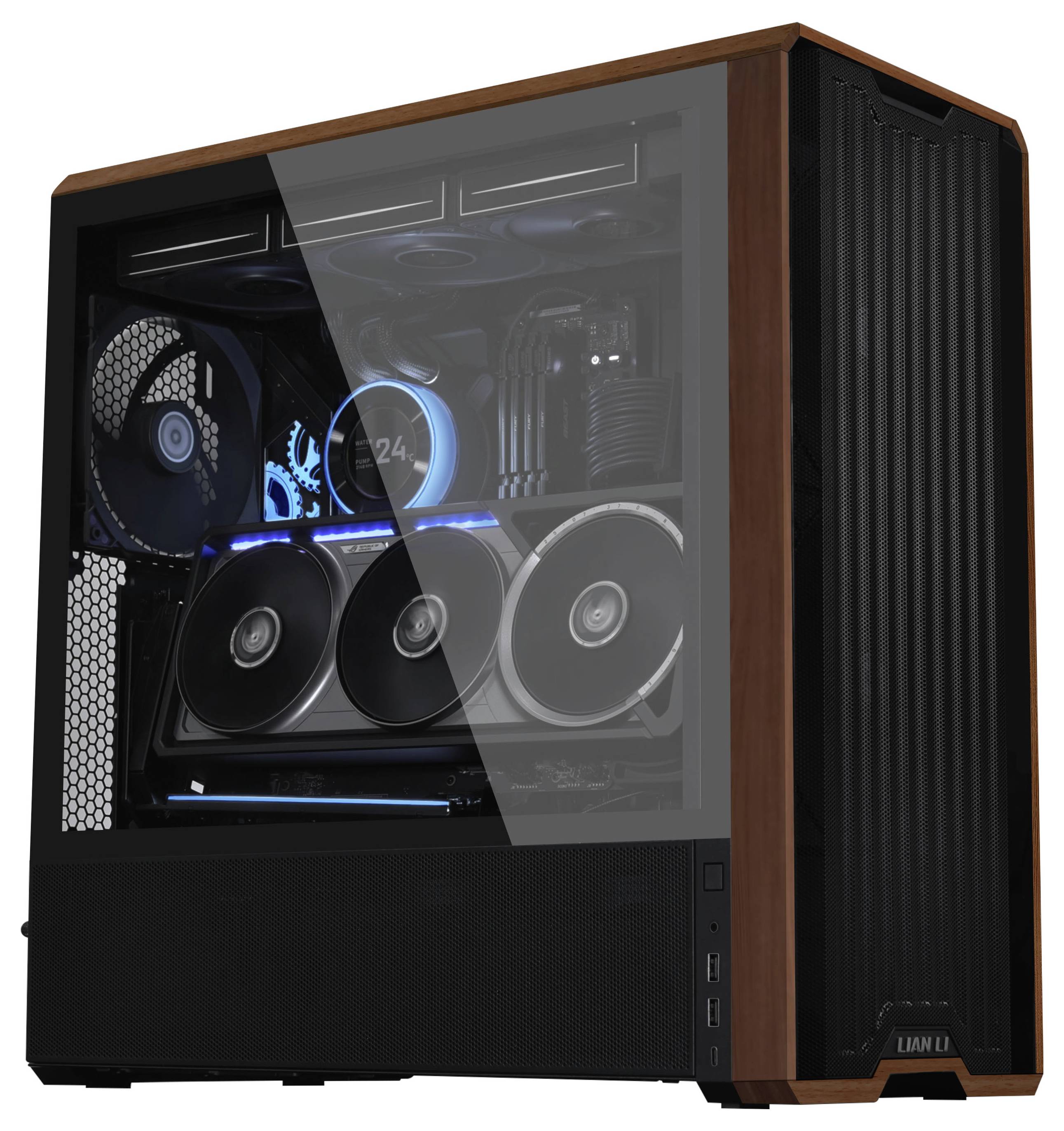 A computer tower with a transparent side panel showing internal components, including cooling fans, graphics cards, and LED lighting.