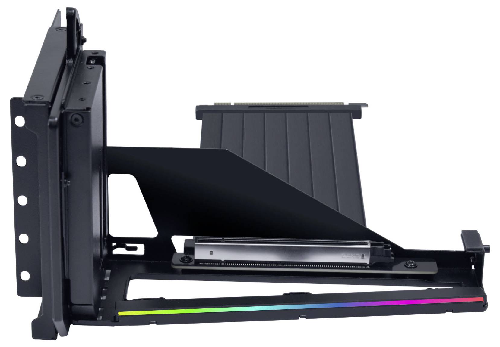Un support de GPU noir avec un panneau à fente inclinable repose sur un socle de montage, doté d'une bande lumineuse RGB subtile le long de son bord.