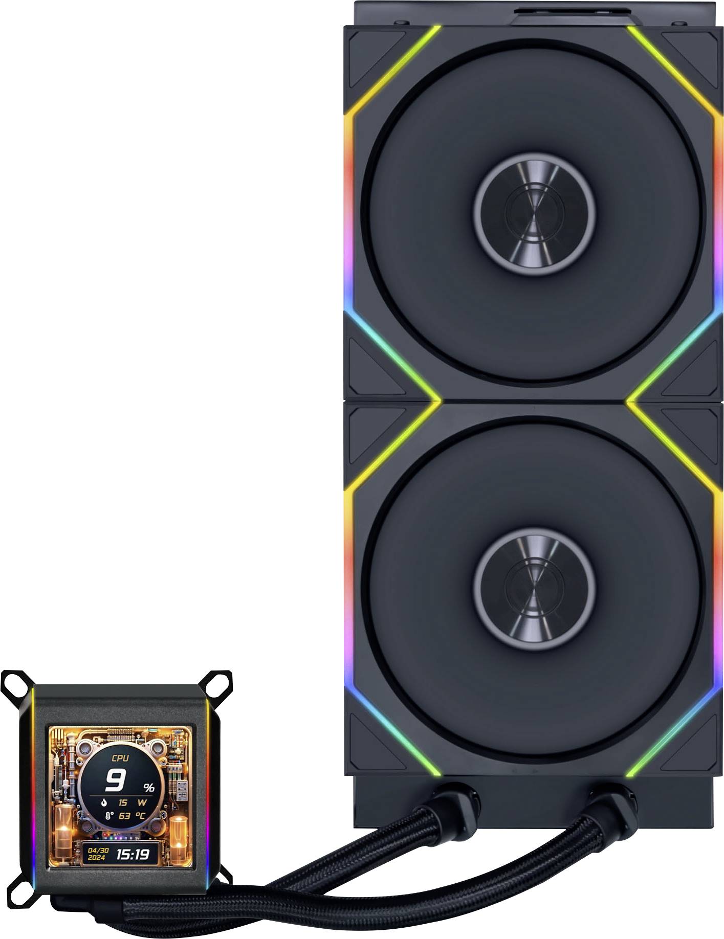 Un système de refroidissement à double ventilateur avec un écran LED affichant la température du processeur et la vitesse des ventilateurs. Design noir avec des accents LED colorés sur les ventilateurs.