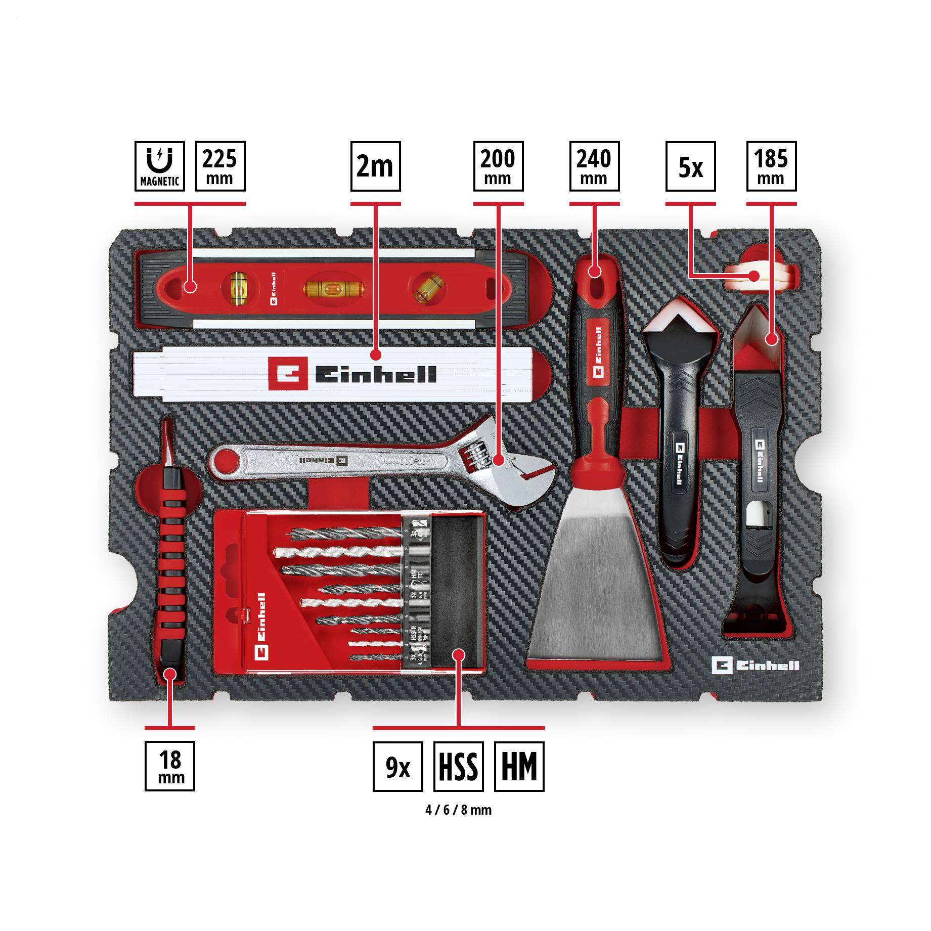 Ein Bild zeigt ein Set von Einhell-Handwerkzeugen, darunter Schraubendreher, Wasserwaage, Spachtel und Bohrer in einer Box.