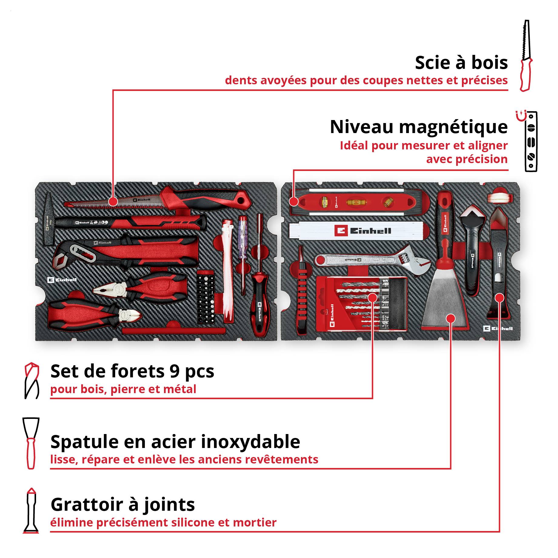 Einhell Werkzeugset: Holzsäge, Magnet-Wasserwaage, Bohrer-Set, Edelstahlspachtel und Fugenkratzer in geöffneter Tool-Box.