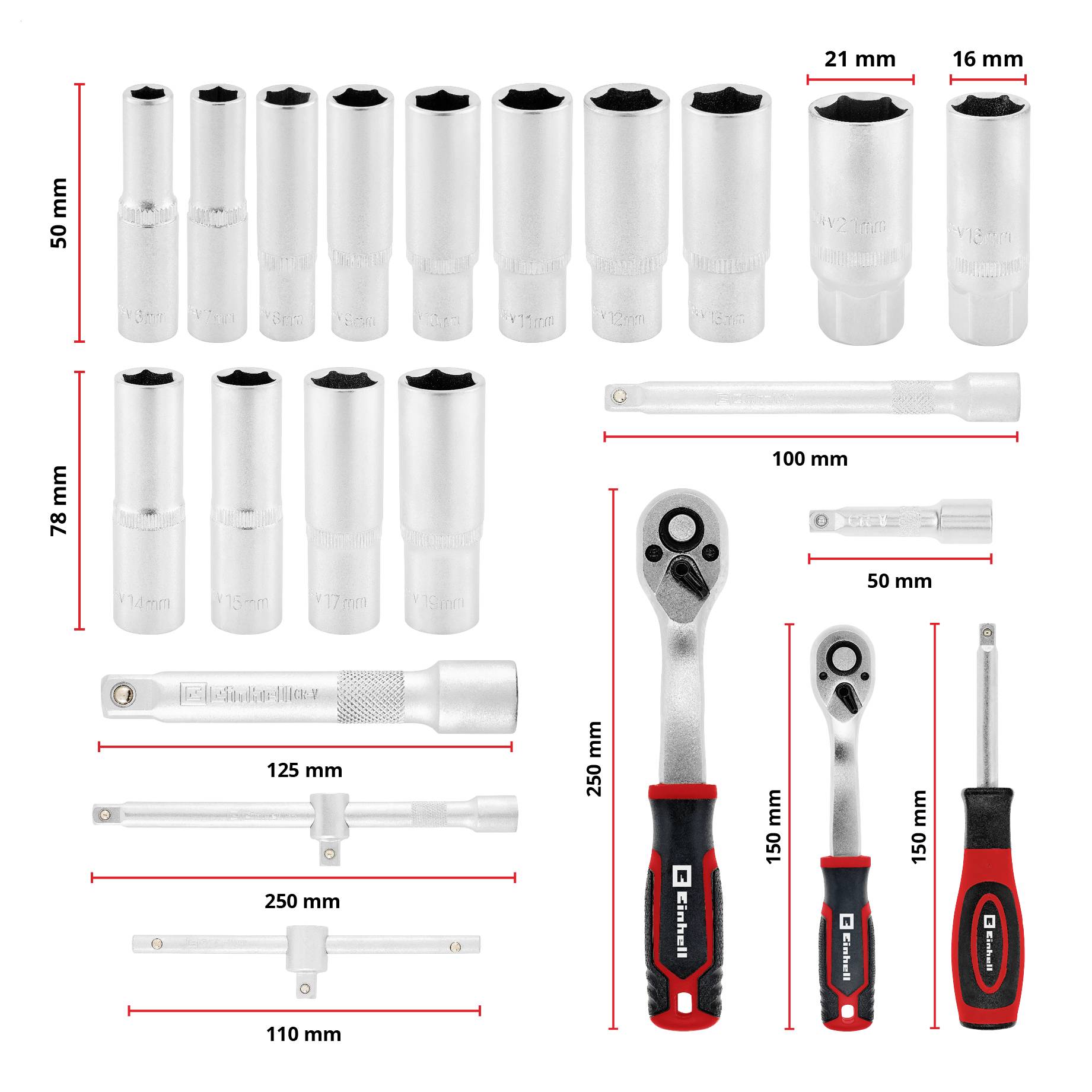 A set of socket tools with handles and extensions is displayed, featuring varying sizes labeled with their respective measurements in millimeters.