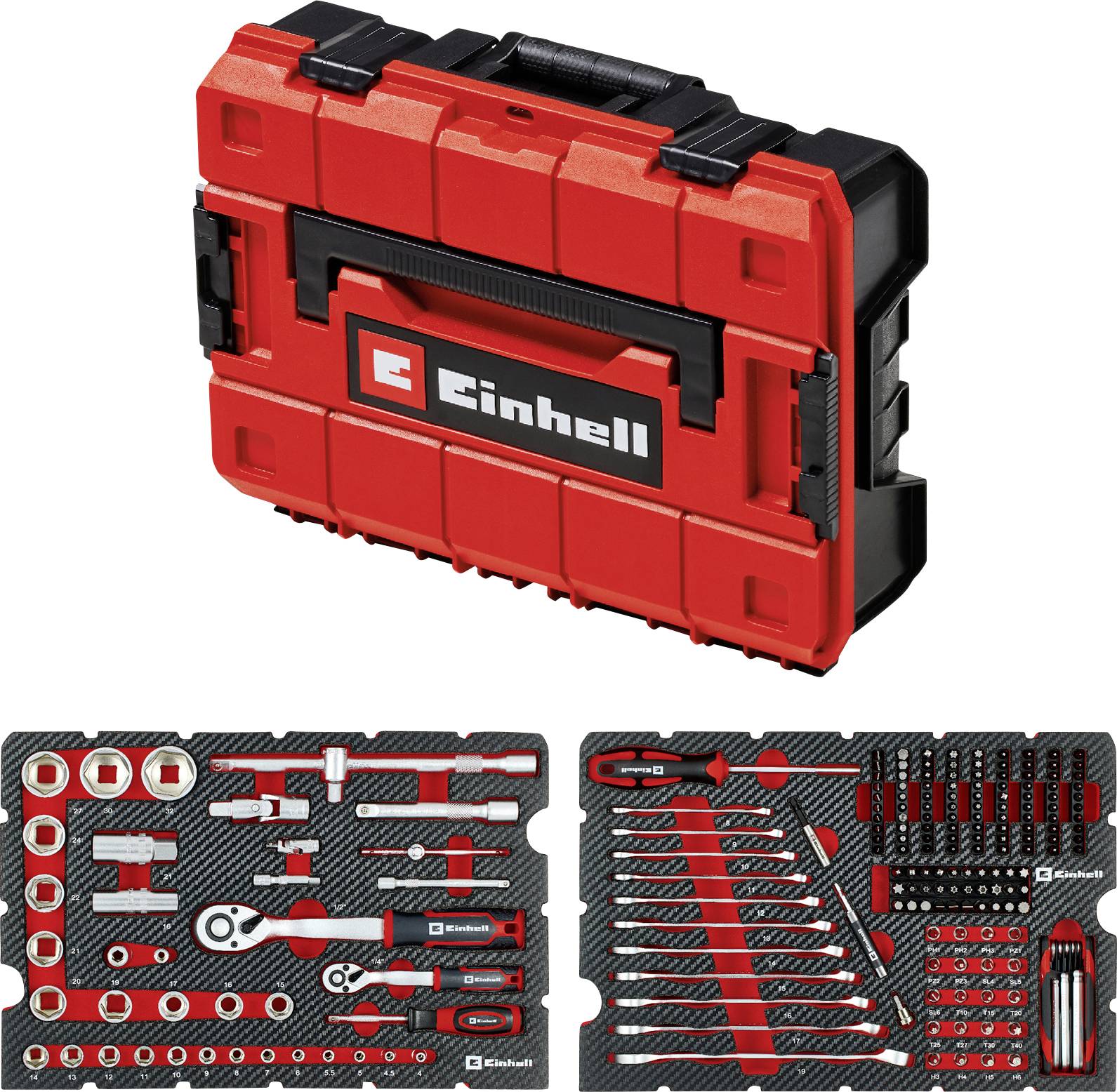 Coffret à outils Einhell rouge avec poignée, accompagné de deux bacs présentant divers outils à main incluant des clés, des douilles et des tournevis.