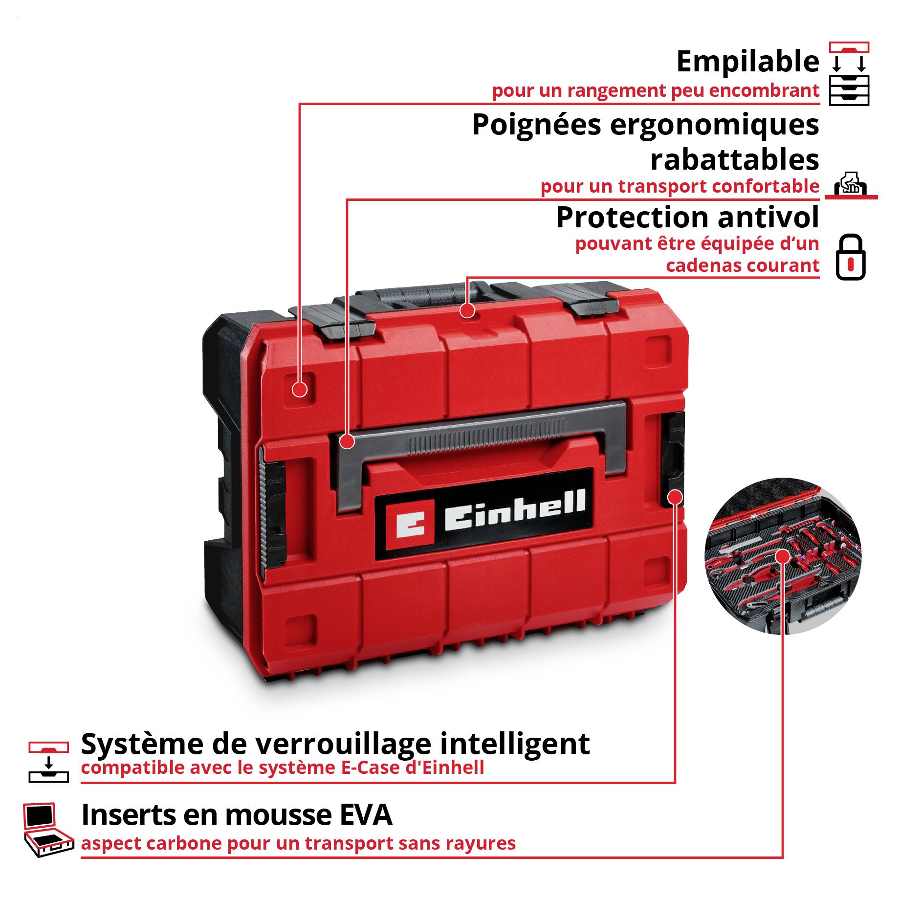 Mallette à outils rouge empilable avec poignées repliables et protection antivol. Comprend un système de verrouillage intelligent et mousse EVA.