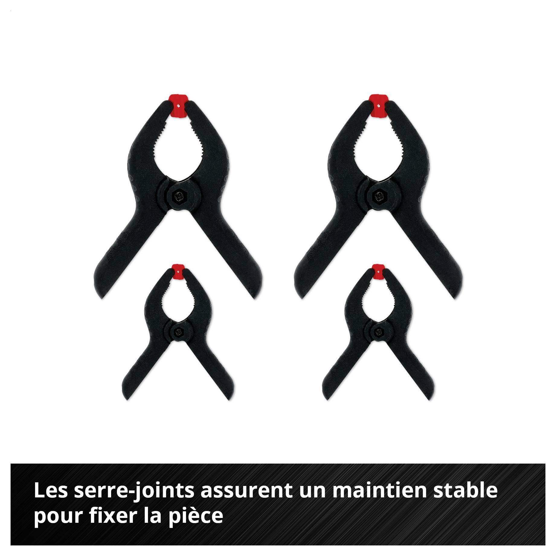 Vier schwarze Klemmen in verschiedenen Größen, oben jeweils mit rotem Einsatz. Text unten: 'Klemmen bieten stabilen Halt zur sicheren Werkstückfixierung'.