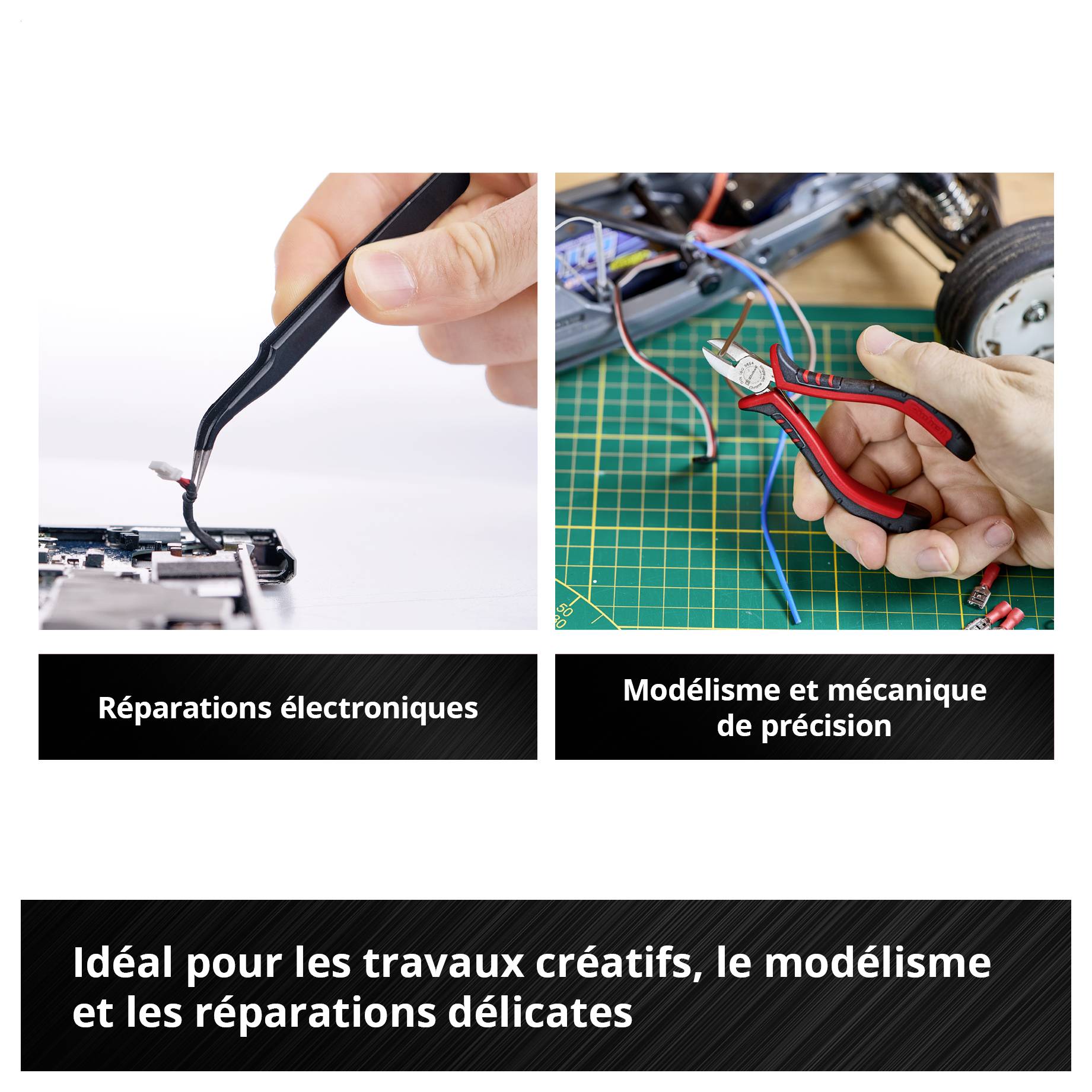 « Ensemble d'outils » sur fond noir. En haut : « Niveau magnétique », « Mètre à ruban ». En bas : « Couteau à lame rétractable », « Ciseaux », « Pince multiprise ». Les outils rouges sont disposés.
