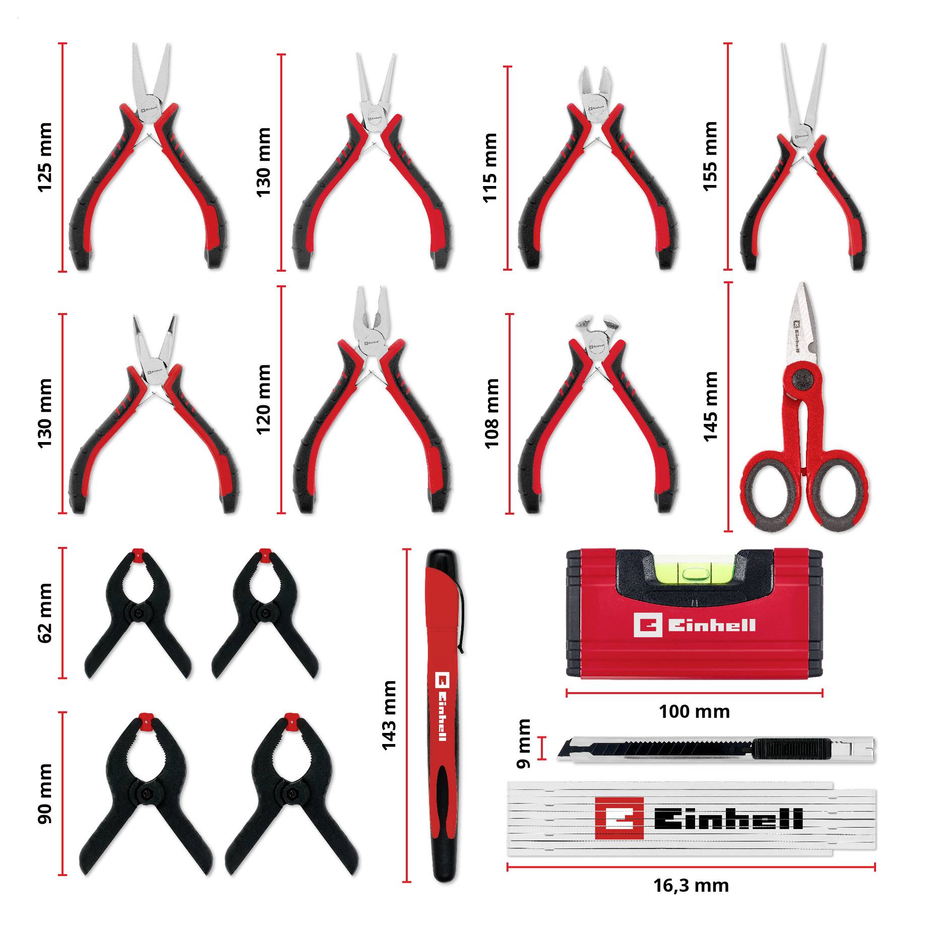 Einhell tool set with various pliers, clamps, scissors, precision knife, and a tape measure, each with visible measurements in millimeters.