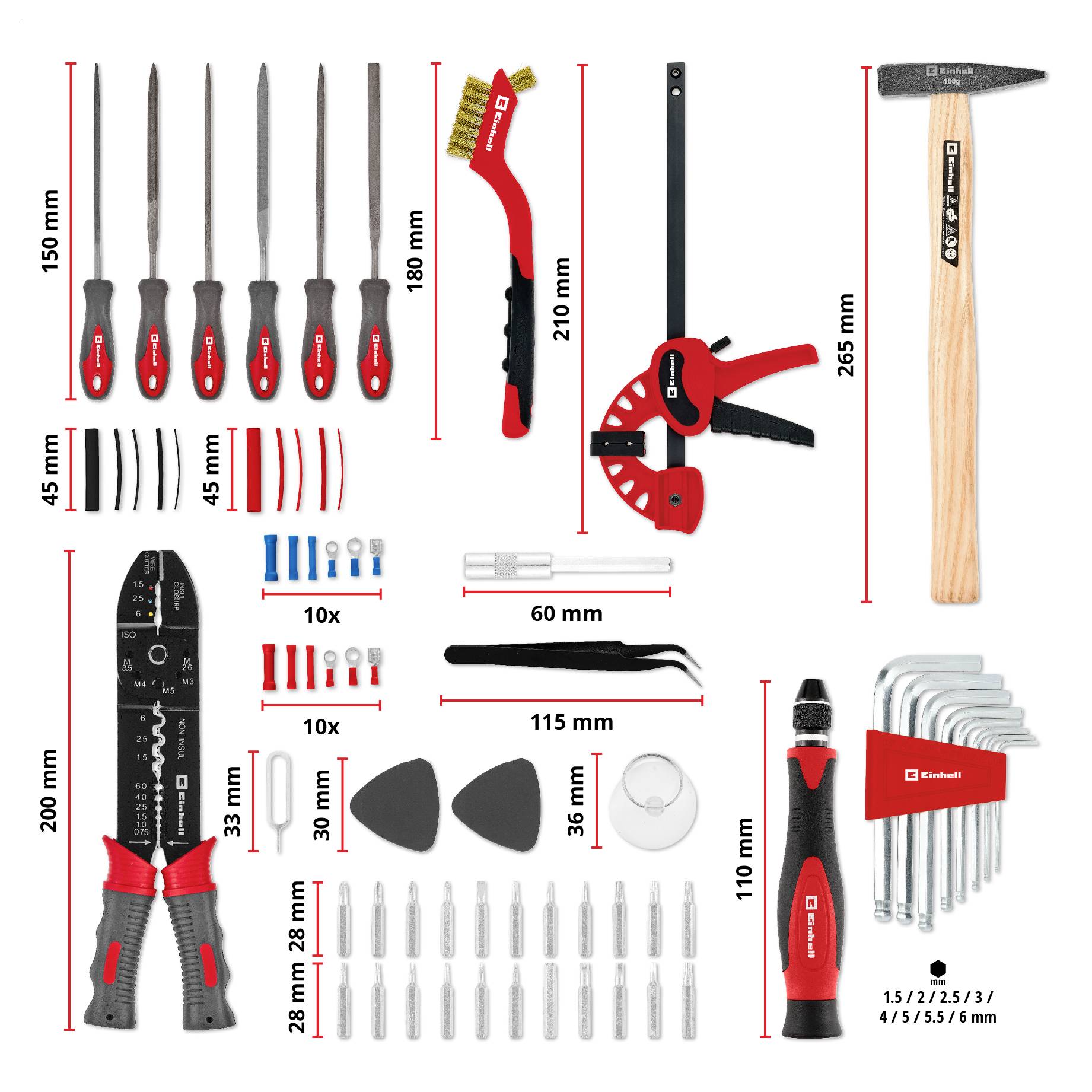 Image shows various tools including files, wire brush, tool clamp, hammer, wire stripping pliers, precision screwdriver set, and L hex wrenches with their dimensions.