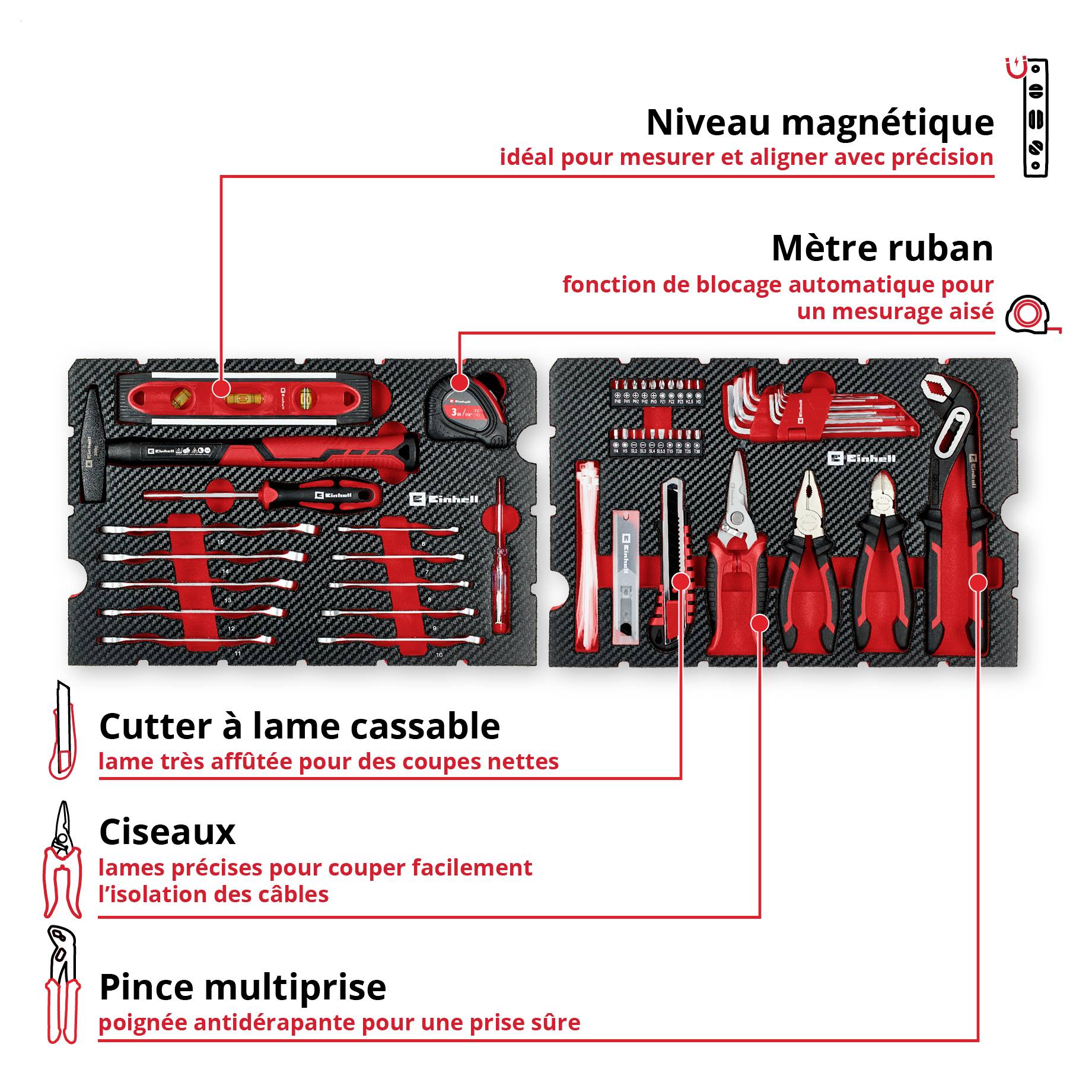 'Werkzeugset' auf schwarzem Hintergrund. Oben: 'Magnet-Wasserwaage', 'Maßband'. Unten: 'Abbrechklingenmesser', 'Schere', 'Wasserpumpenzange'. Rote Werkzeuge sind angeordnet.