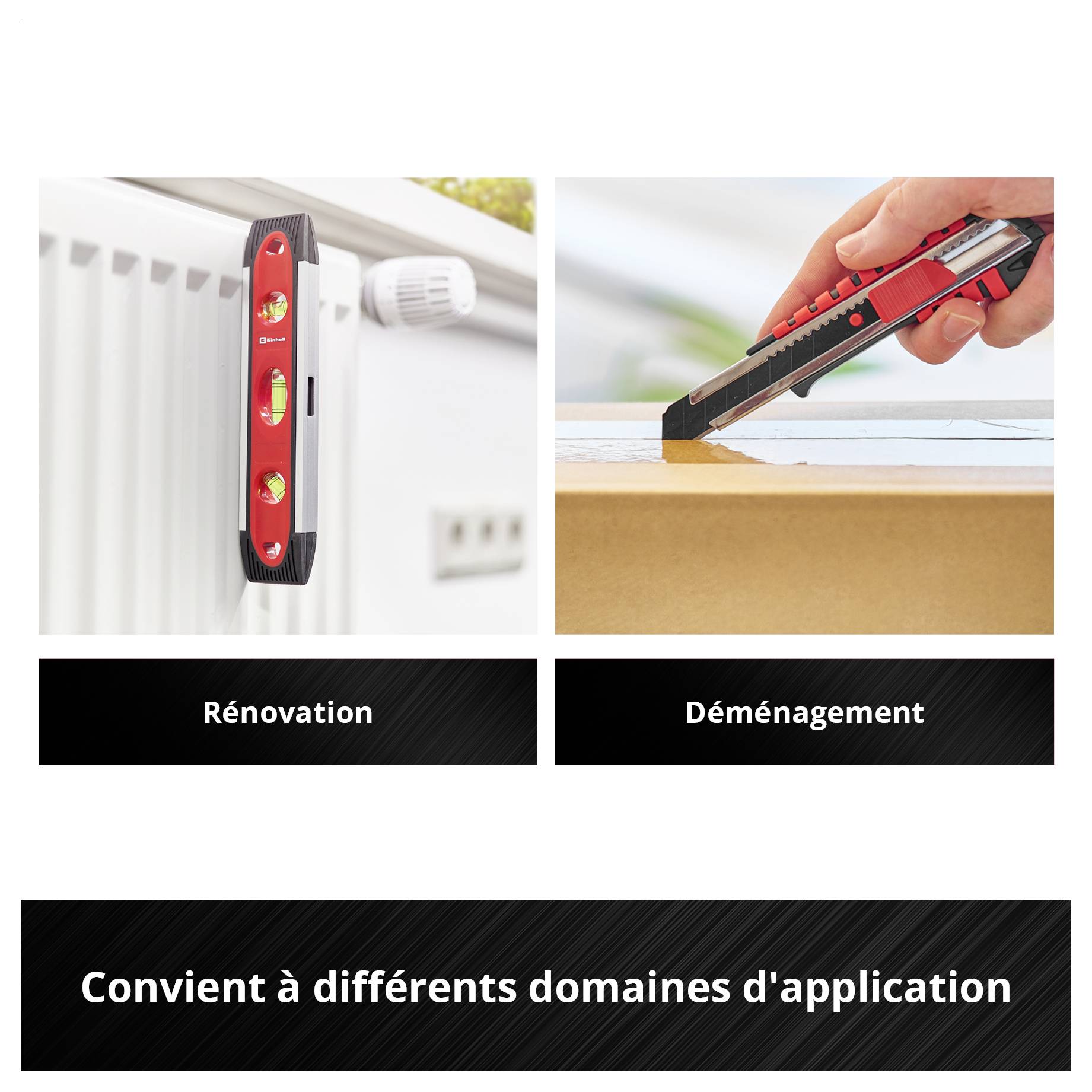 Deux images : à gauche un niveau à bulle sur un radiateur, à droite un cutter qui coupe du carton. Texte : « Adapté à différents domaines d'application ».