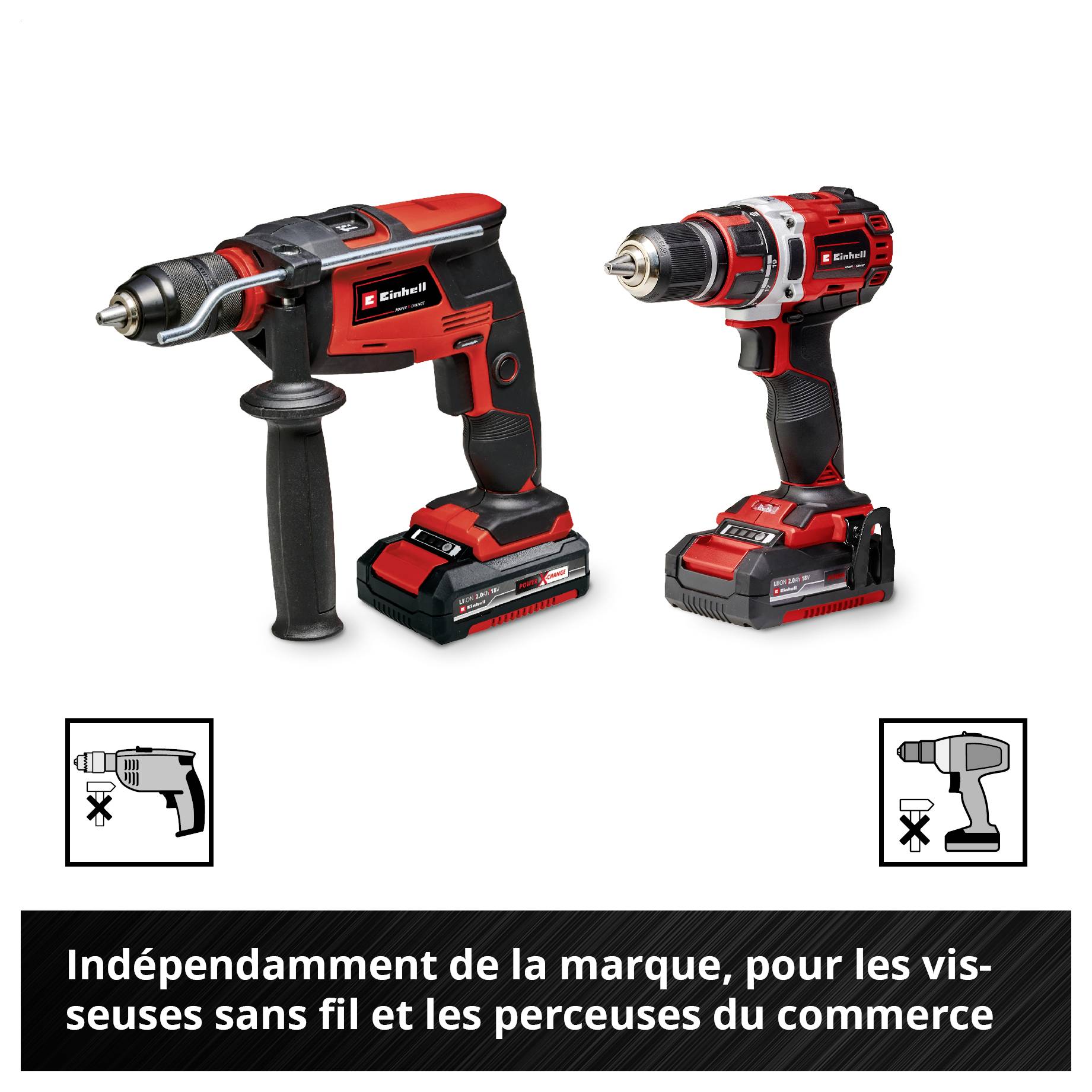 Deux perceuses rouge et noir avec batteries, de forme différente. Titre : « Compatible avec les perceuses-visseuses et perceuses à batterie du commerce, indépendamment de la marque ».