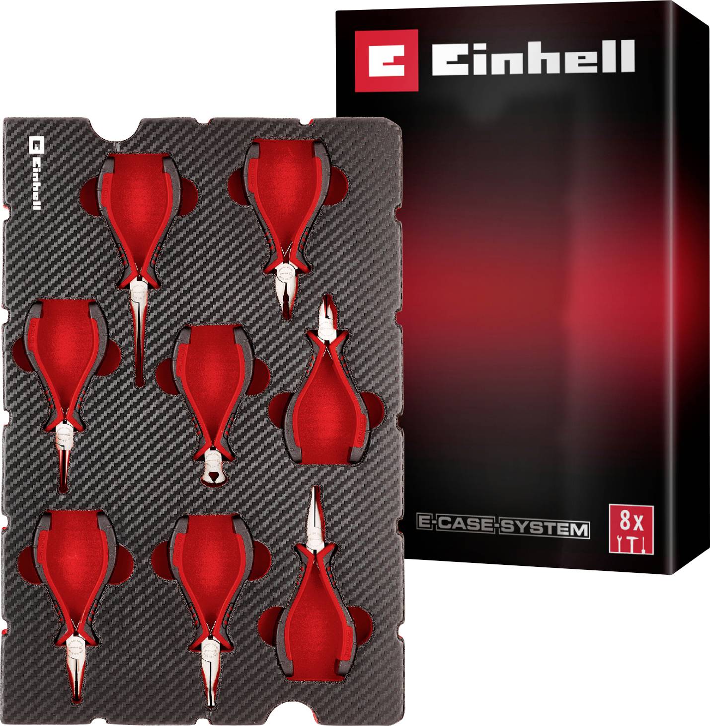 Système « Einhell » E-case présentant une boîte de rangement avec des compartiments personnalisés pour les outils, étiquetée « 8x 1TL ». La boîte de fond est noire et rouge.