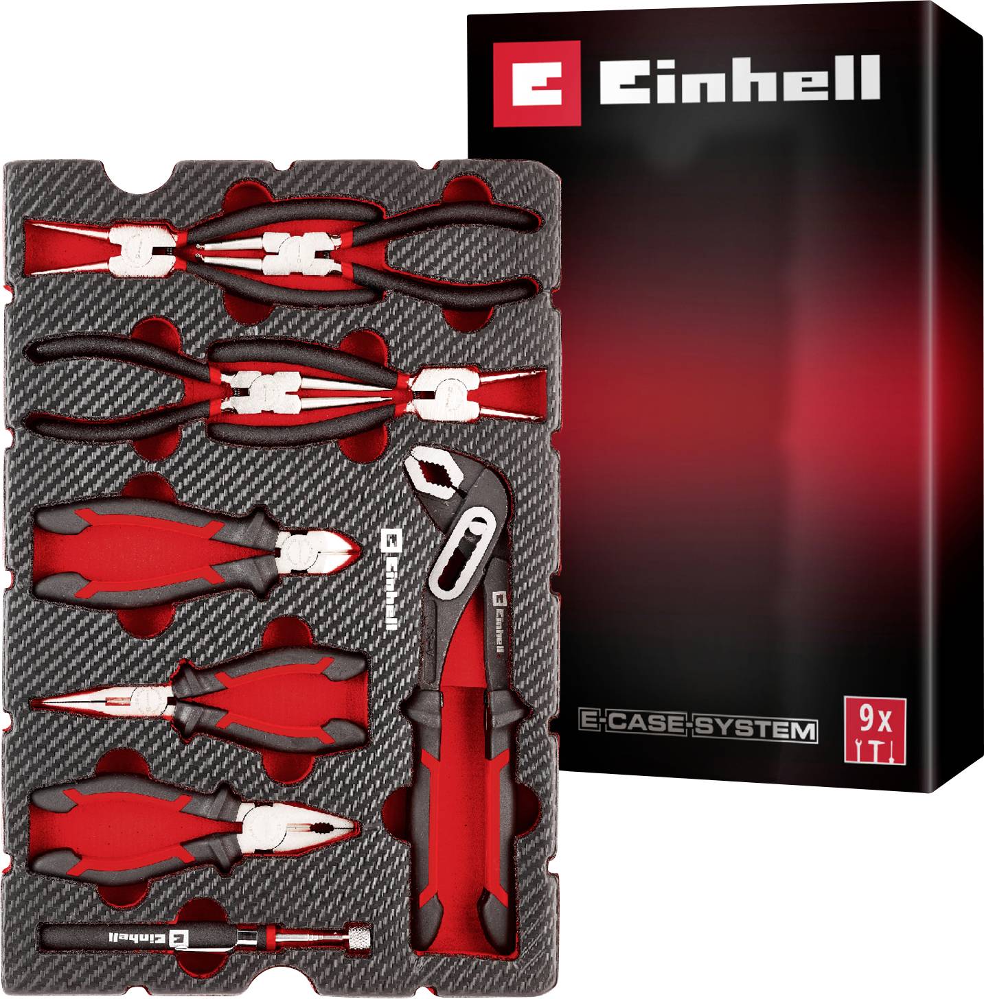 Un kit d'outils aux poignées rouges soigneusement rangés dans un étui à côté d'une boîte étiquetée « Système Einhell E-Case 9x ».