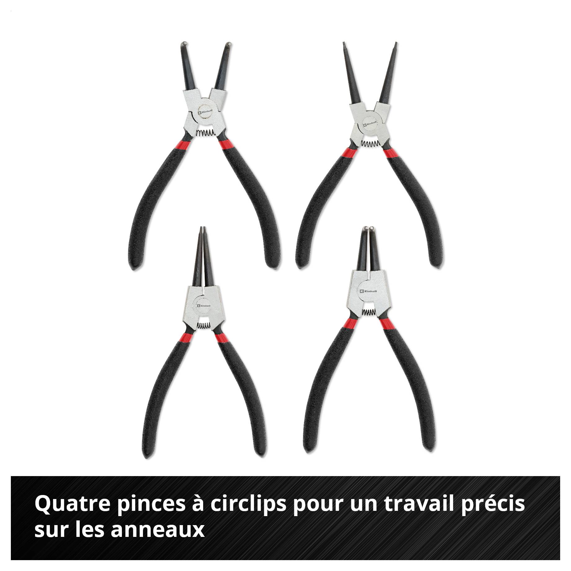 Vier Sprengringzangen mit schwarzen Griffen, geeignet für präzises Arbeiten an Sicherungsringen.