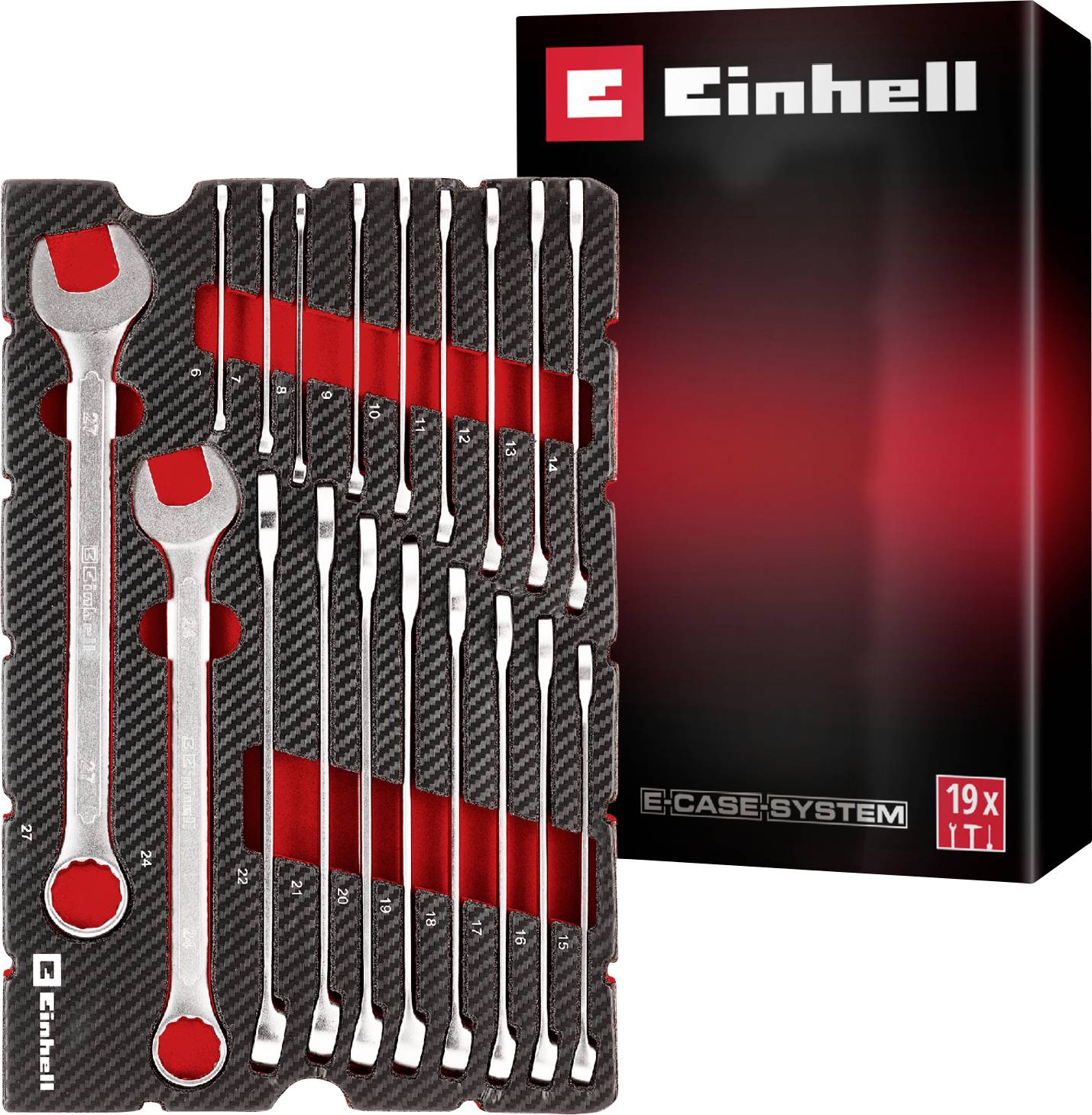Jeu de clés 'Einhell' composé de 19 pièces présenté dans un organisateur en mousse. Une boîte rouge et noire étiquetée 'E-CASE SYSTEM' est visible en arrière-plan.