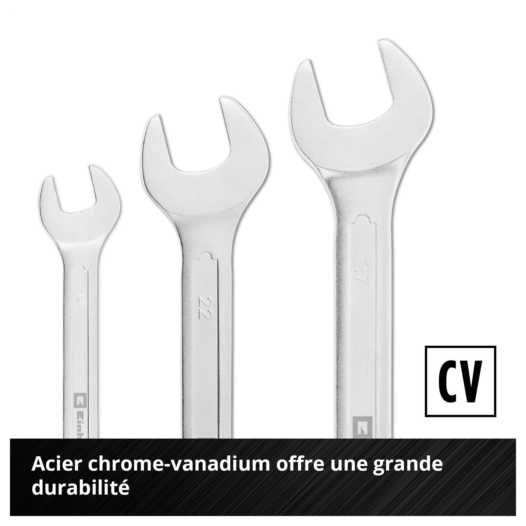 Drei Schraubenschlüssel aus Chrom-Vanadium-Stahl unterschiedlicher Größe. Text: Chrom-Vanadium-Stahl sorgt für langlebige Belastbarkeit.
