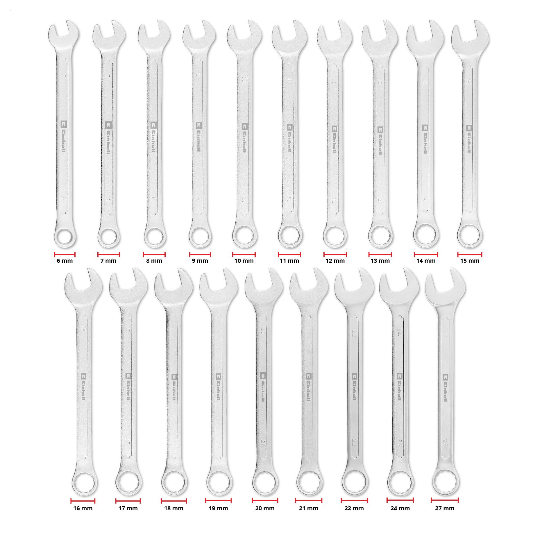 Set of metal wrenches organized by size, ranging from 6 mm to 27 mm, aligned in three rows on a white background.
