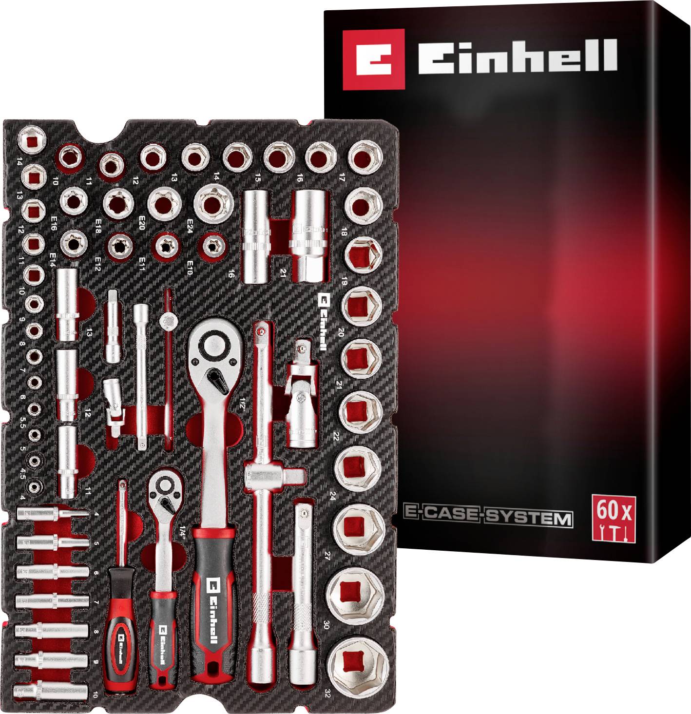 Ensemble de douilles et clé à cliquet 'Einhell' avec diverses tailles d'outils affichées; boîte d'emballage en arrière-plan, étiquetée 'E-CASE SYSTEM 60 x 1/1'.