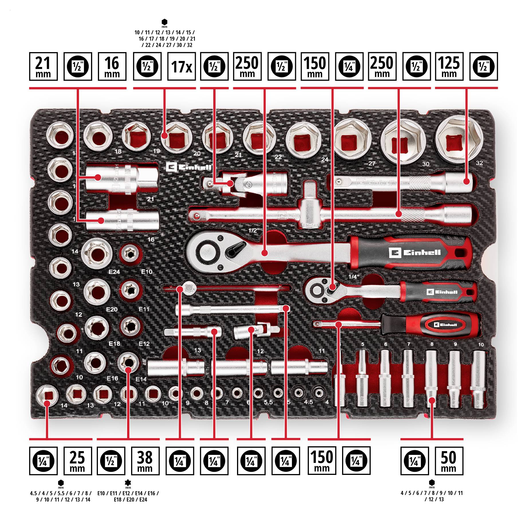 A tool set in a case showing various sockets, wrenches, and accessories, labeled by size, organized neatly for mechanical tasks.