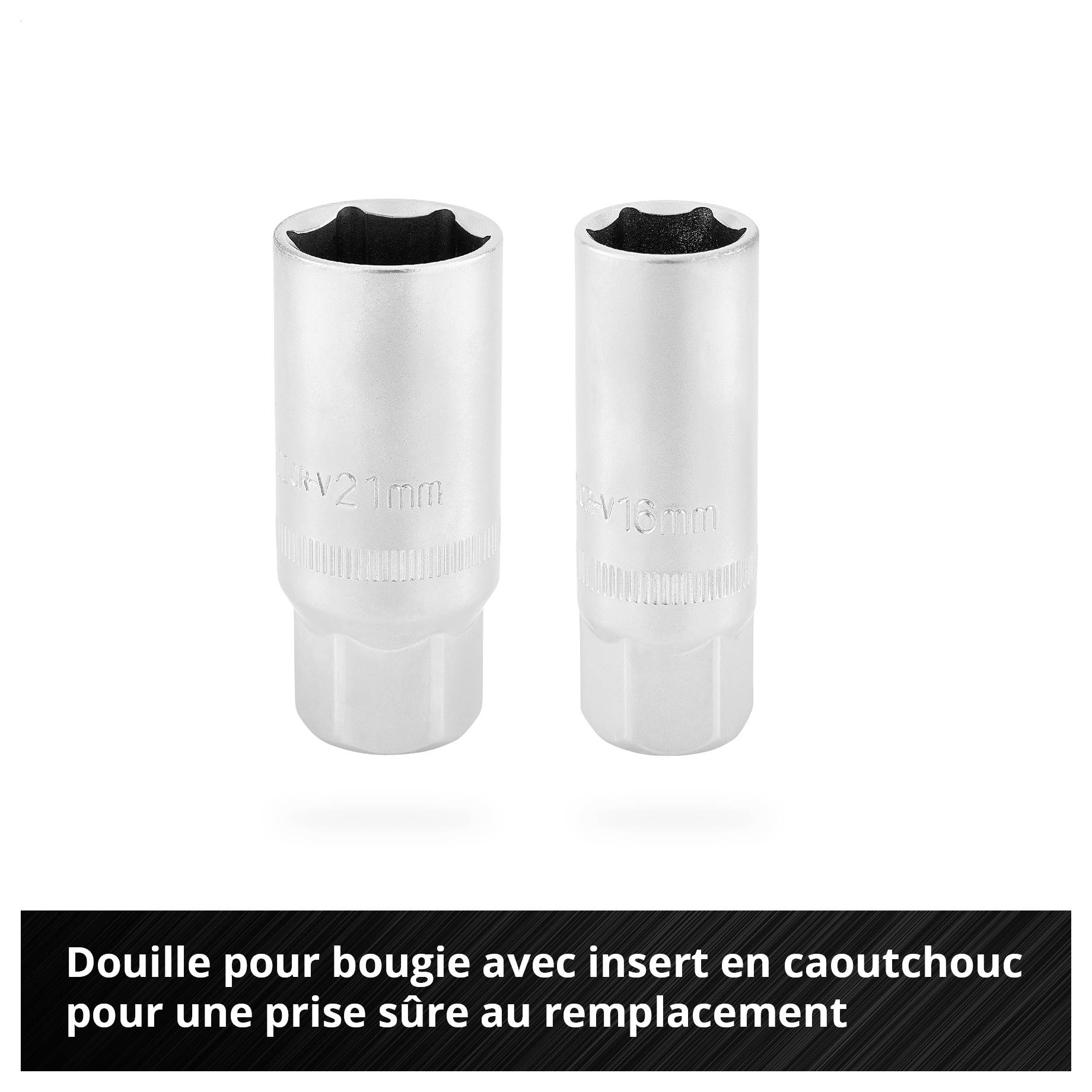 Zwei silberne Zündkerzeneinsätze mit Gummieinsatz für sicheren Halt beim Kerzenwechsel. Text unten: 'Zündkerzeneinsatz mit Gummieinsatz für sicheren Halt beim Kerzenwechsel'.