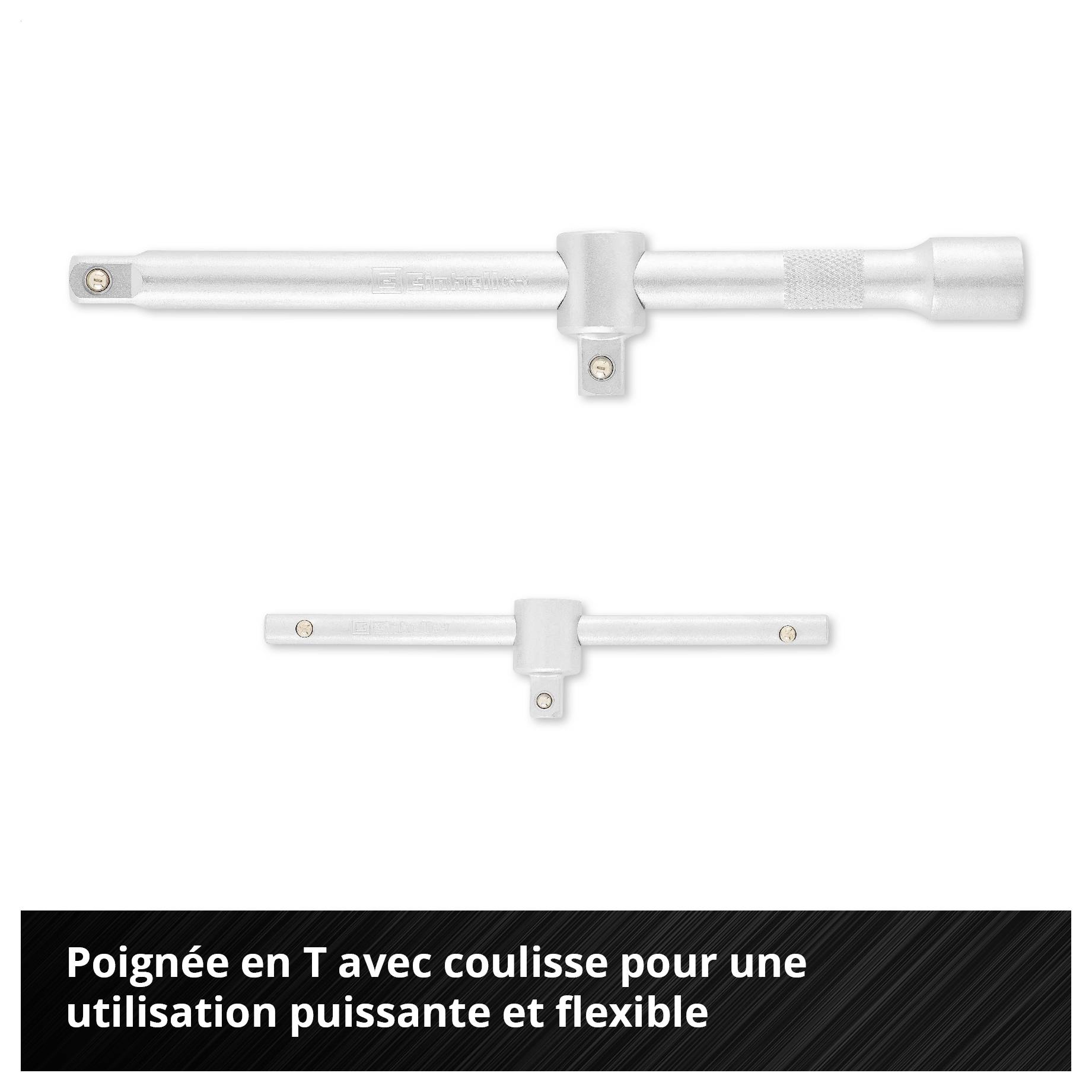 'T-Griff mit verschiebbarem Gleitstück für kraftvolle und flexible Anwendungen.' Ein Werkzeug in T-Form aus Metall wird gezeigt.