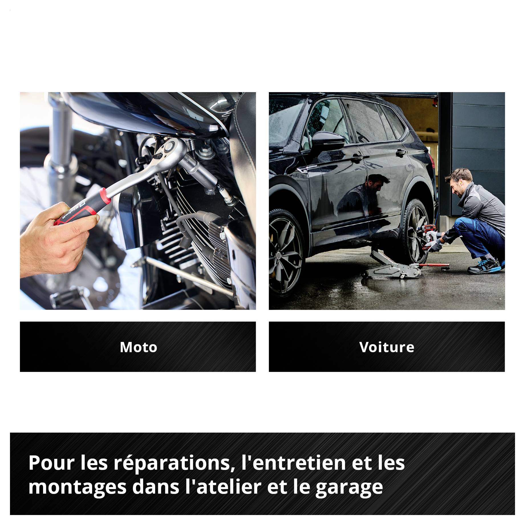 'Motorrad' zeigt mechanische Arbeit an Motorrad. 'Auto' zeigt Reifenwechsel in Werkstatt. Für Reparaturen, Wartungen und Montagen.