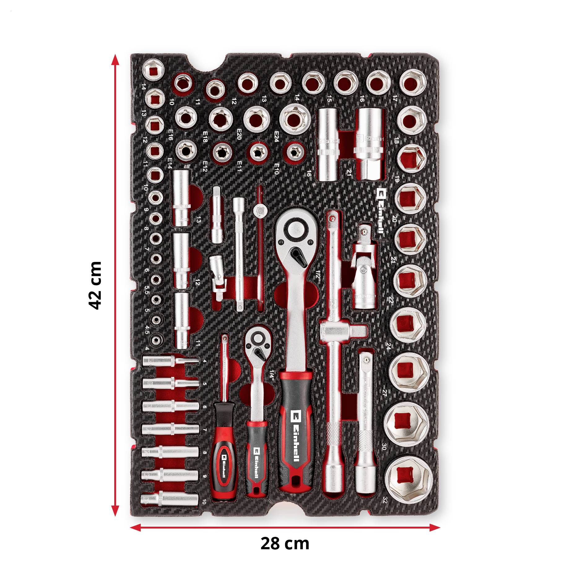Toolkit with various sockets, ratchets, and accessories neatly organized on a black tray. The tray measures 42 cm by 28 cm.