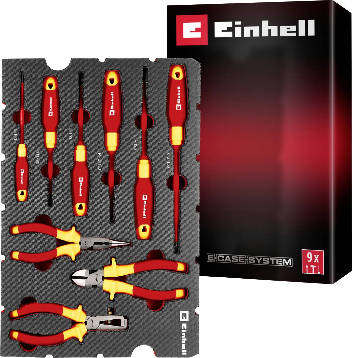 Ensemble d'outils Einhell avec tournevis isolés et pinces dans le système E-Case. Idéal pour les travaux électriques, sûr et organisé.