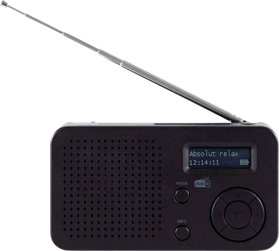 Une radio portable noire avec une antenne et un écran numérique affichant « Absolut relax » et l'heure « 12:14:11 ».