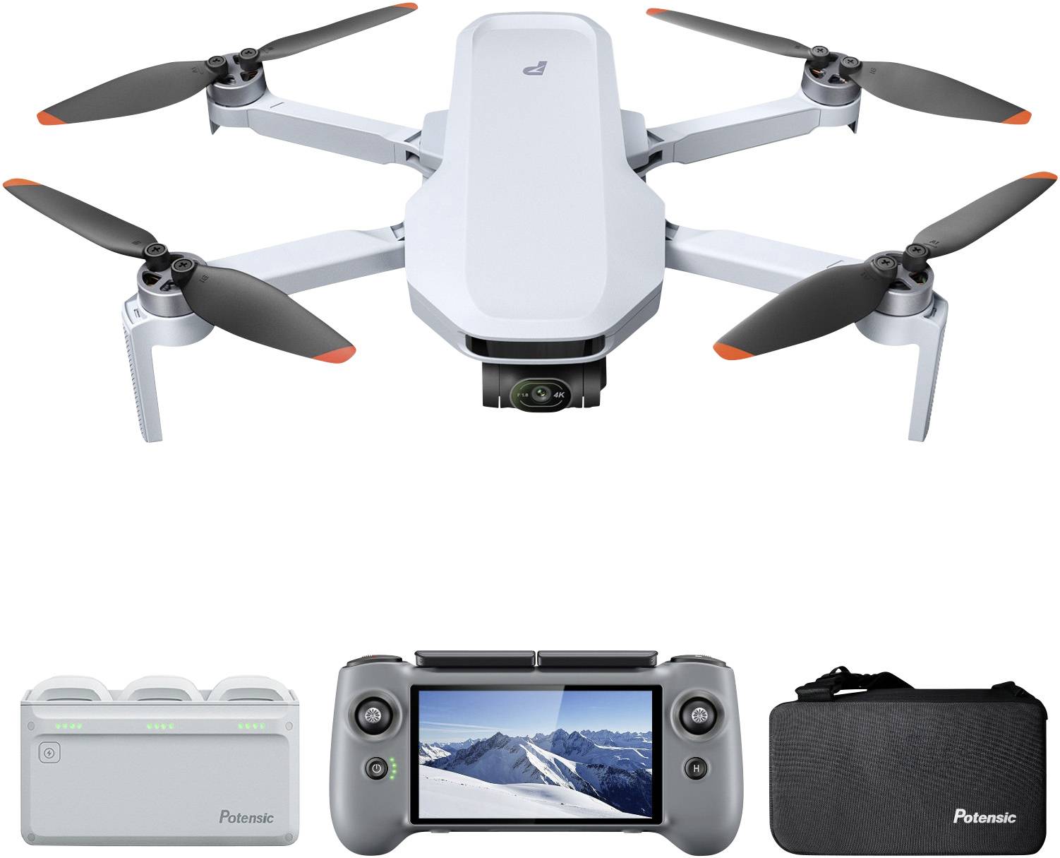 Un drone quadcopter blanc avec des hélices grises, une télécommande affichant une vue de montagne enneigée, un dock de batterie et un étui de transport.
