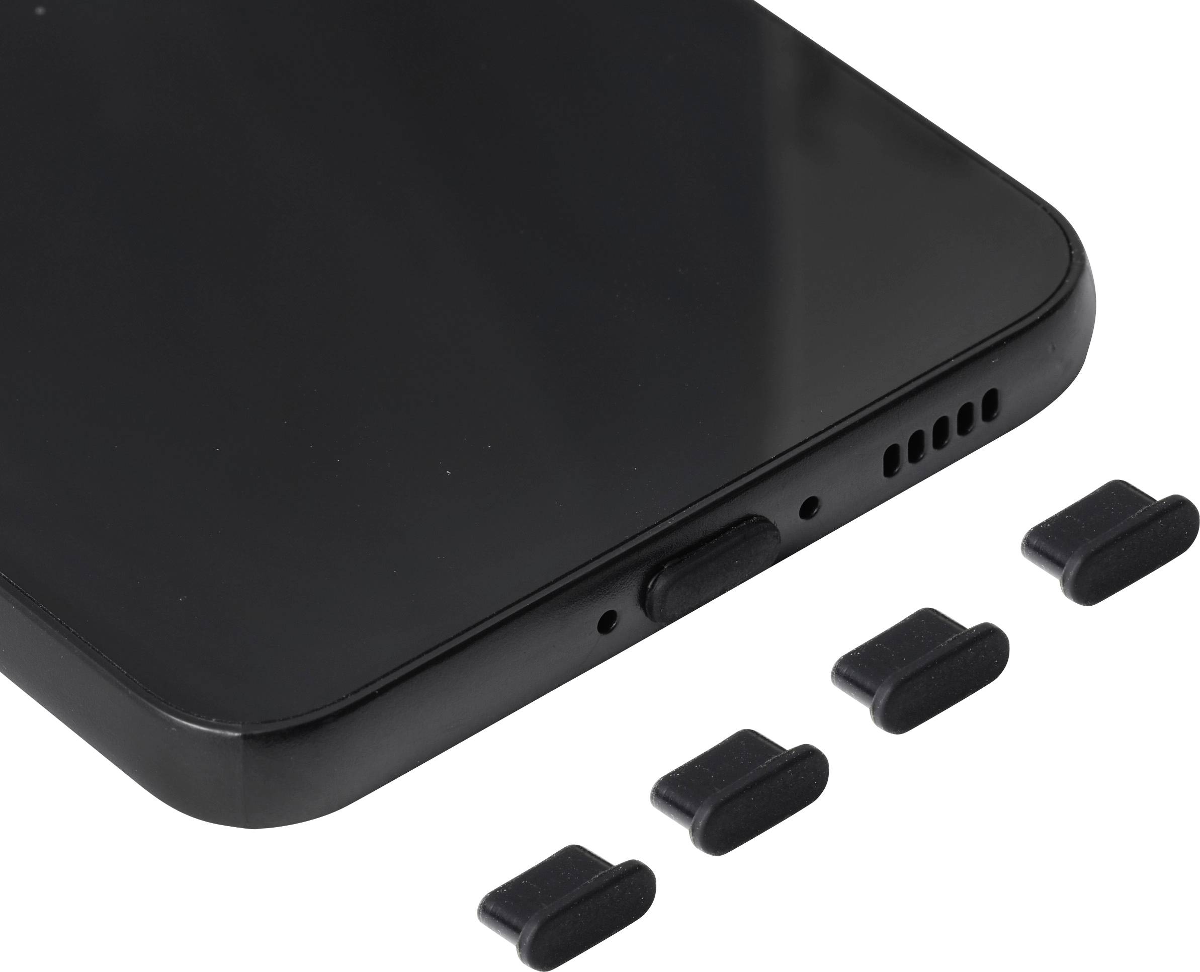 Gros plan du bord inférieur d'un smartphone avec le plateau de la carte SIM retiré, montrant quatre petits bouchons ou capuchons de fente noirs disposés à côté.