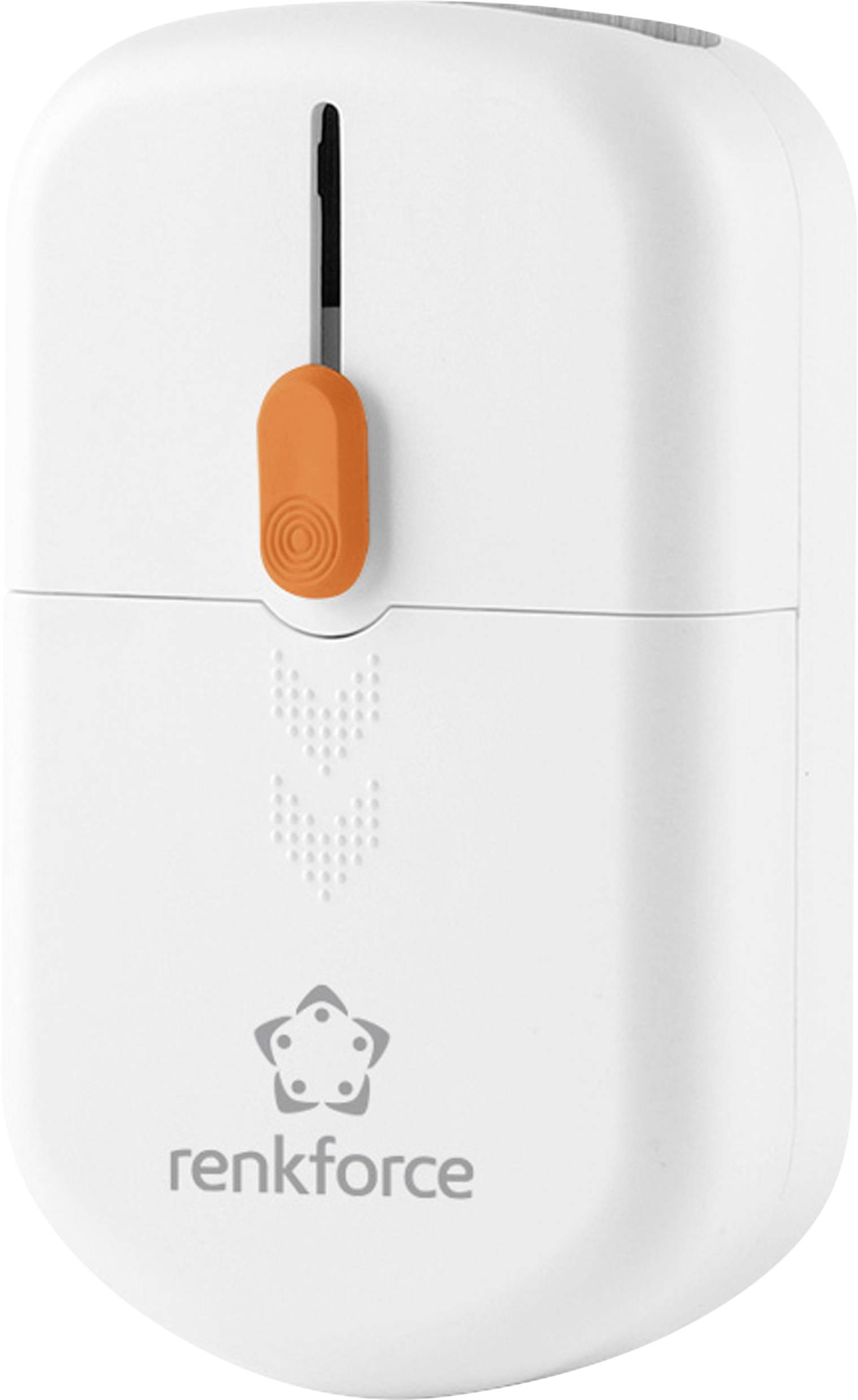 Un appareil portable blanc avec un bouton orange et une marque portant l'inscription « renkforce » sous un logo. Le design est épuré et compact.