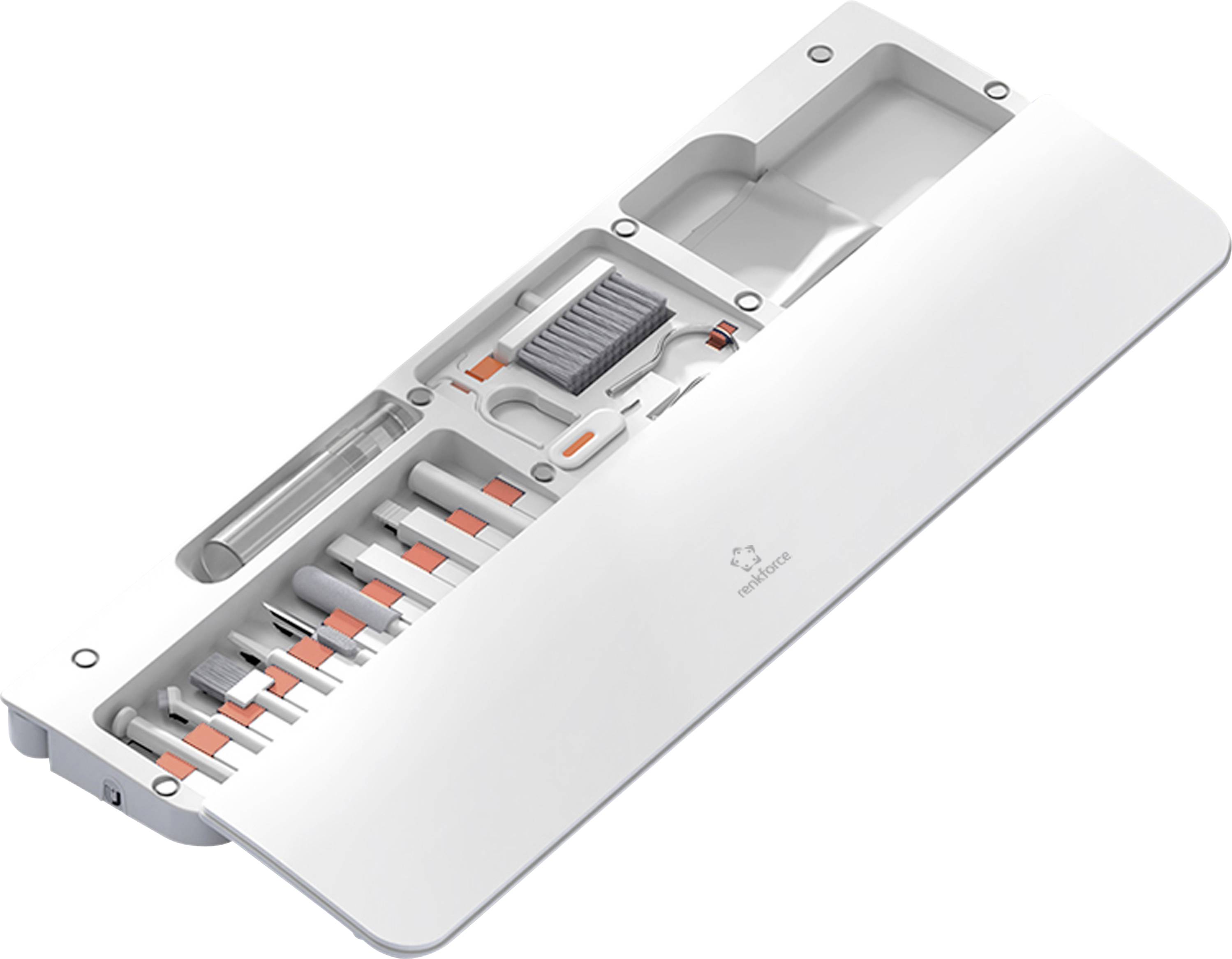 Un organisateur à outils en plastique blanc contenant divers petits outils et embouts dans des compartiments individuels, chacun sécurisé avec un loquet.