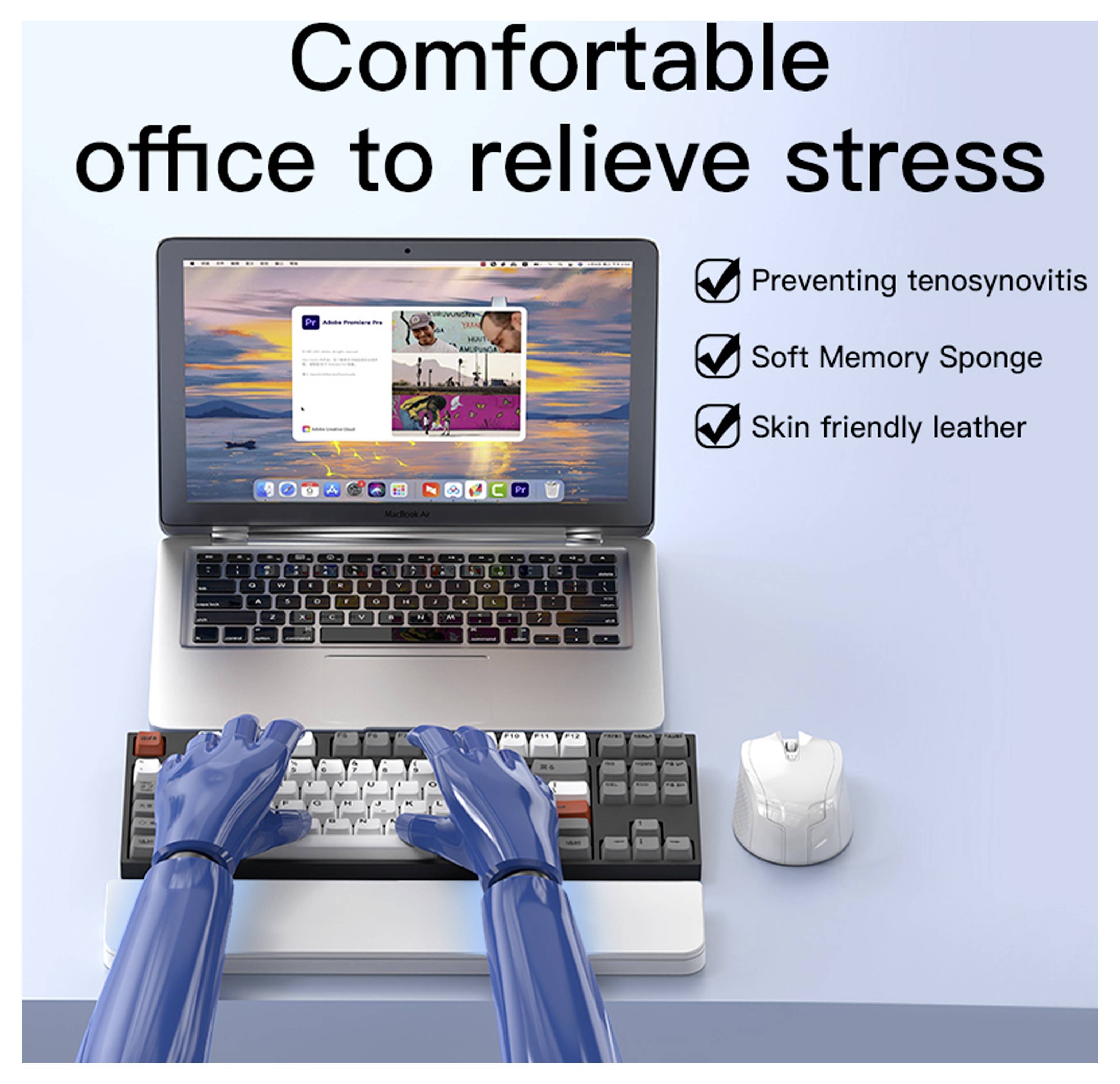 Bureau confortable pour soulager le stress', texte, un écran d'ordinateur portable affichant une page Web, des mains robotiques tapant sur un clavier, des listes de contrôle sur les avantages.