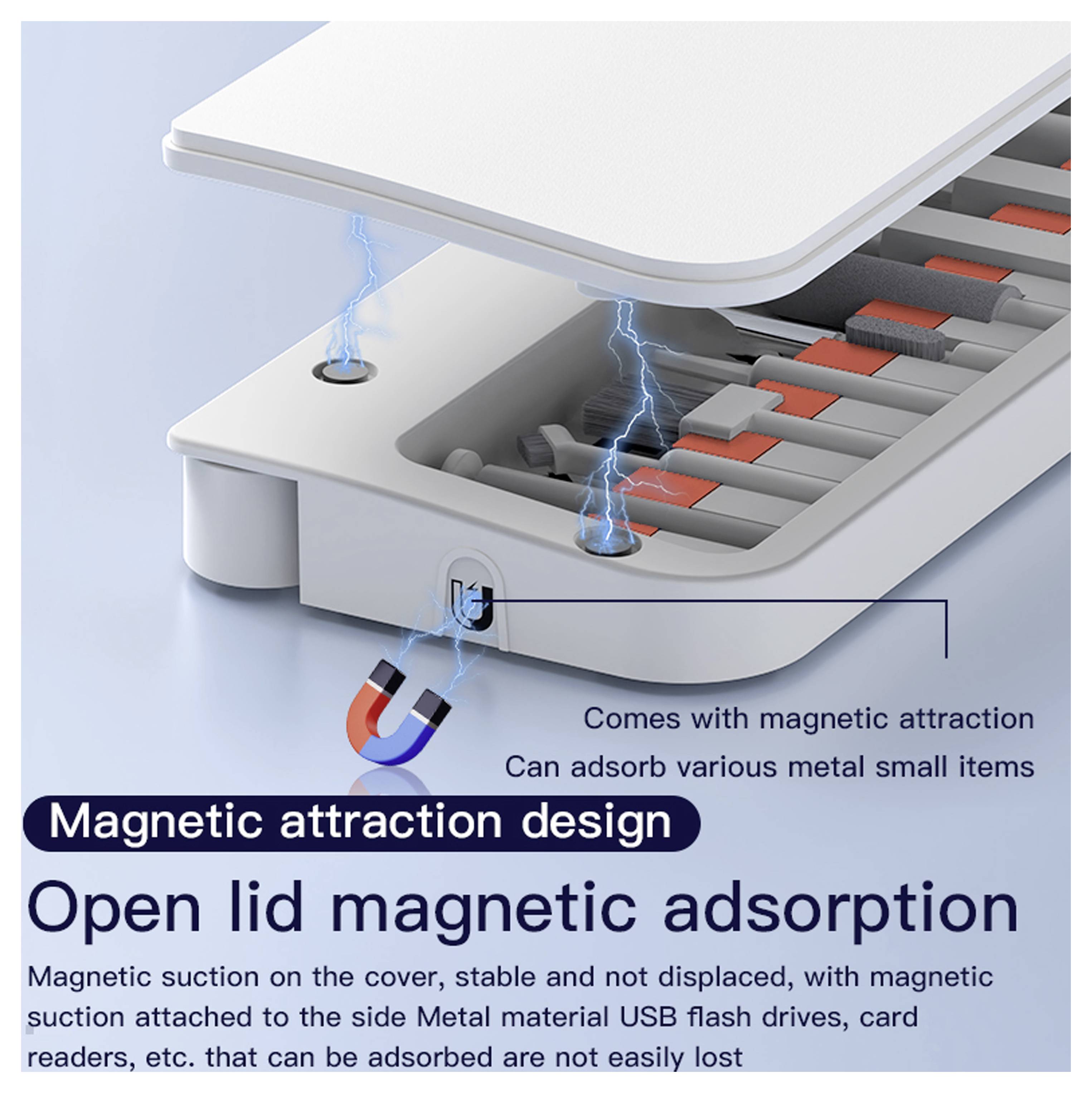 « Ouverture du couvercle par adsorption magnétique », montrant une fente avec attraction magnétique, sécurisant les clés USB et les petits objets métalliques.