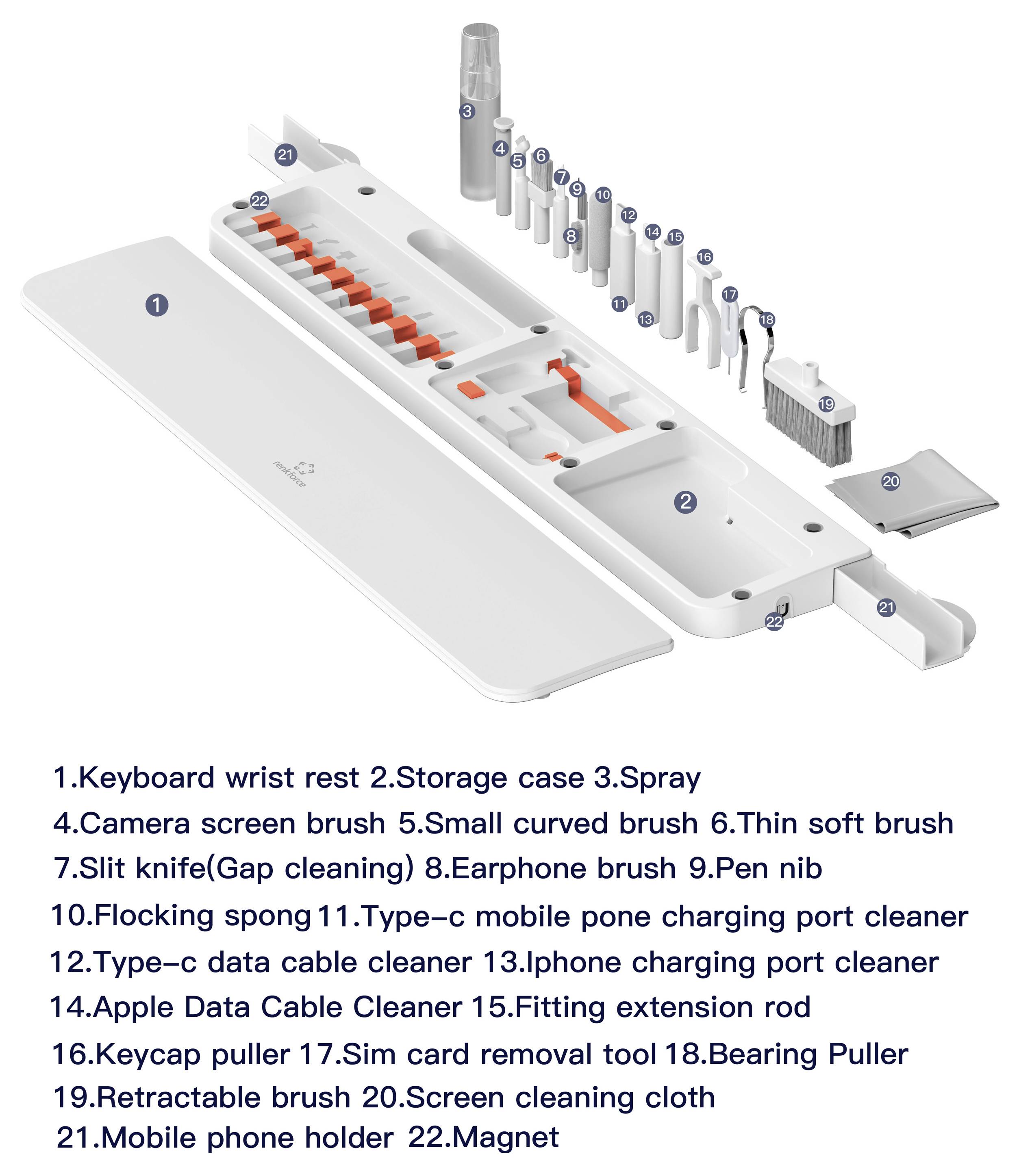 Repose-poignet clavier et étui de rangement avec accessoires comprenant des brosses, des vaporisateurs, un couteau, des outils de nettoyage, une pointe de stylo et des ports de charge.