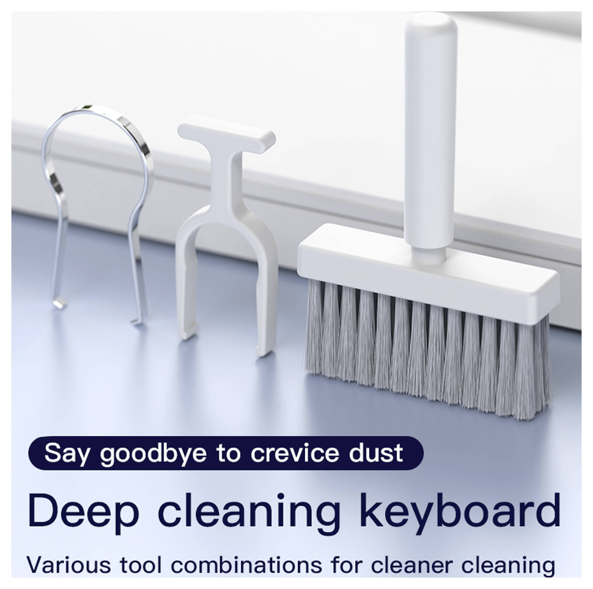 Kit de « nettoyage en profondeur du clavier » avec brosse à poussière et deux outils de nettoyage de fentes. Le texte se lit comme suit : « Dites adieu à la poussière des fentes. Diverses combinaisons d'outils pour un nettoyage plus efficace. »
