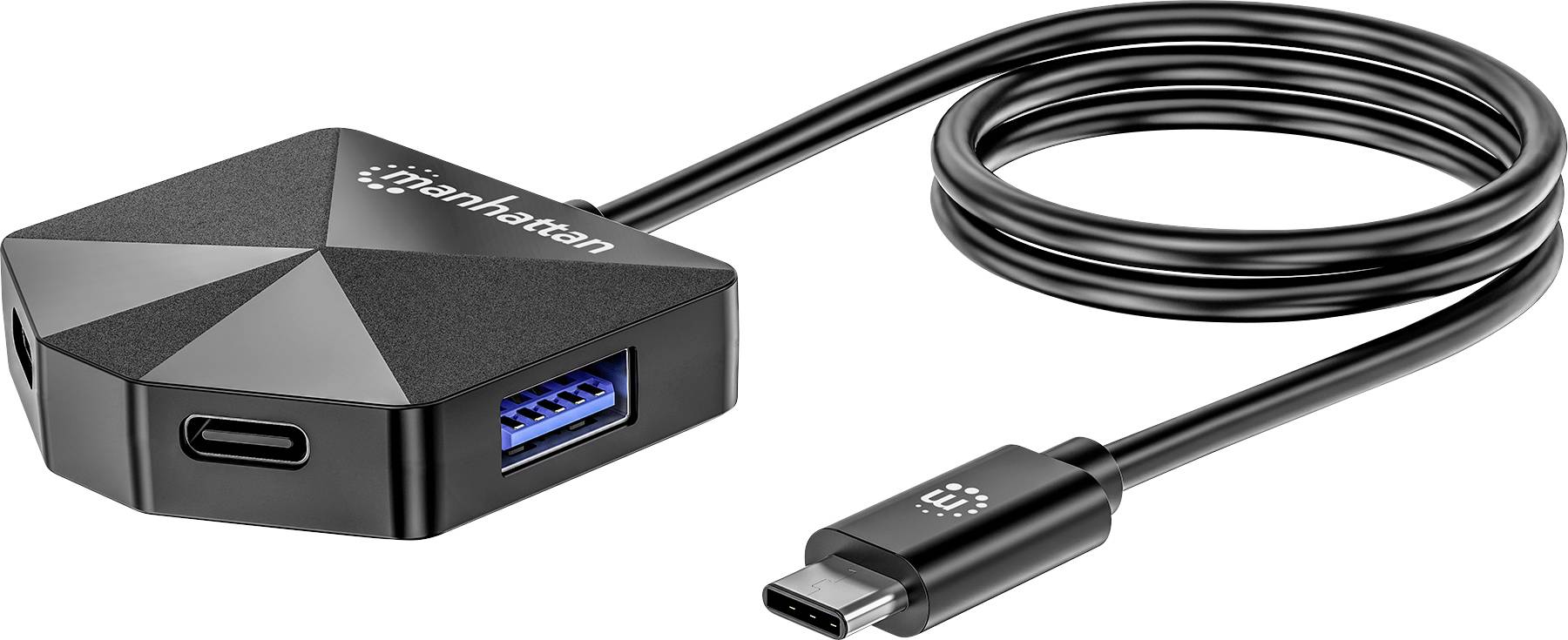 Adaptateur multiport Gearhasten USB Type-C vers USB 3.0 avec câble. Offre un port USB-C et un port USB 3.0. Design compact et noir.