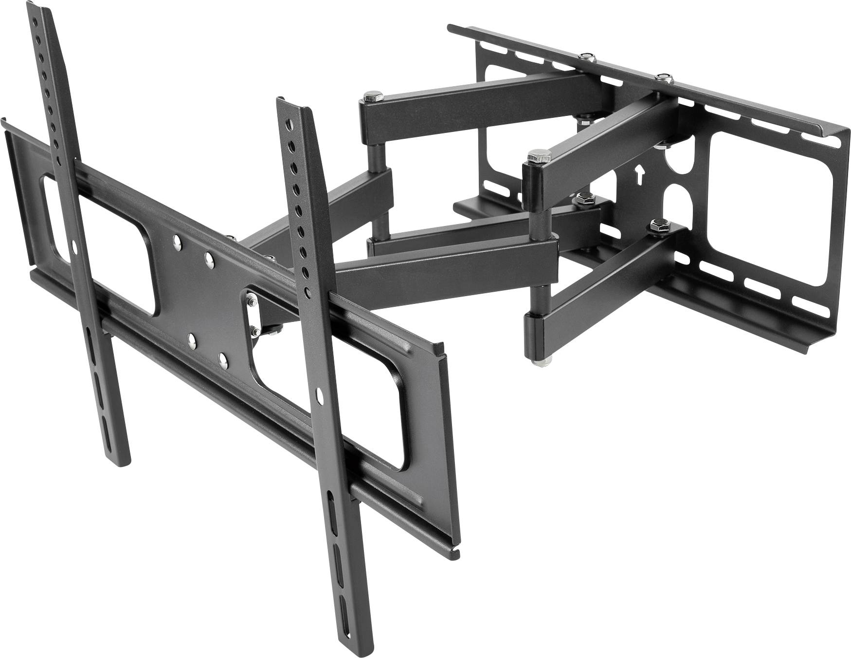 Un support mural TV en métal noir avec bras ajustables et plusieurs supports de fixation pour une attachment sécurisée à diverses surfaces.