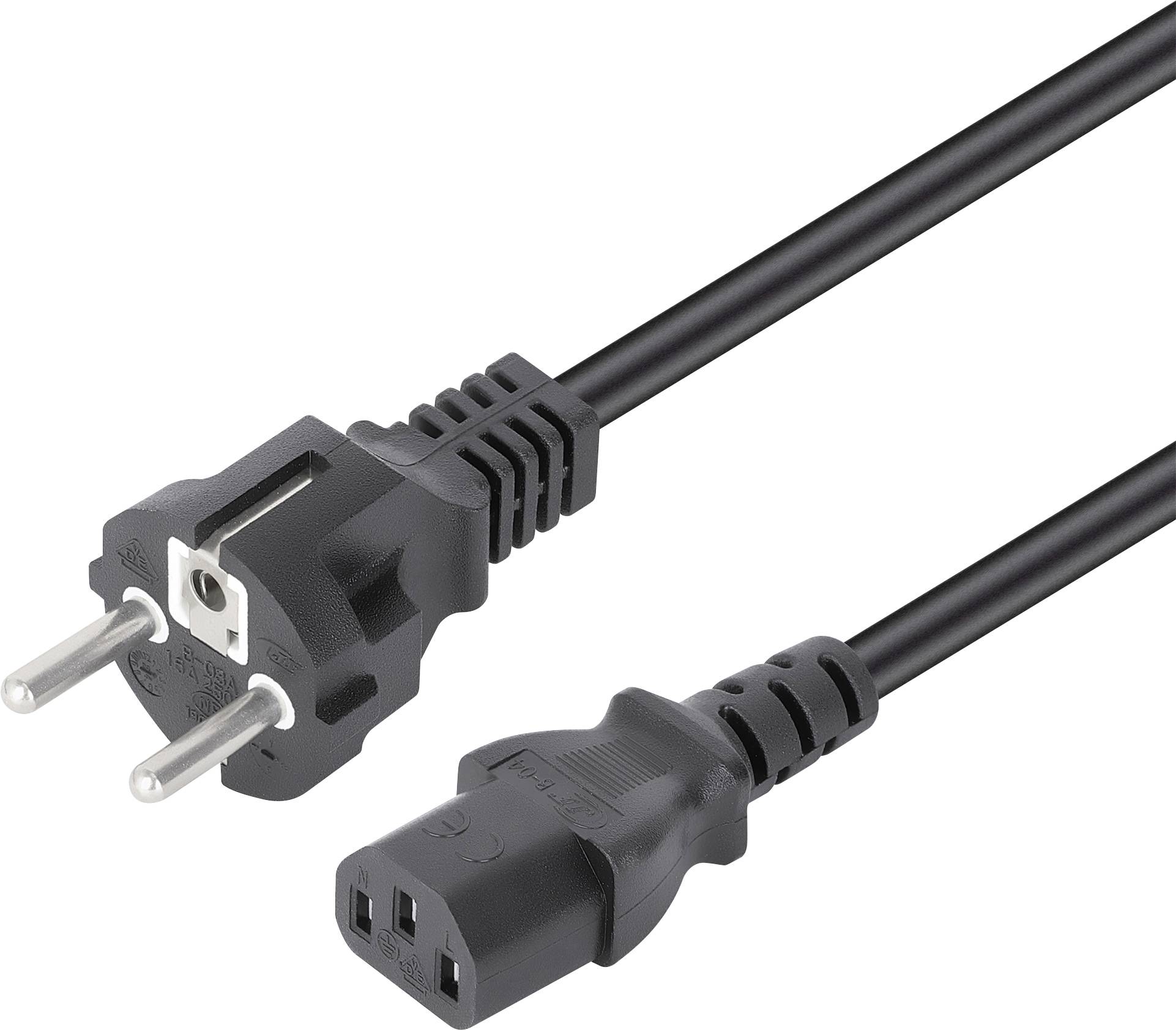 Fiche électrique de type européen connectée à un câble, avec trois broches à une extrémité et un connecteur femelle à l'autre extrémité, utilisée pour l'alimentation en courant alternatif.