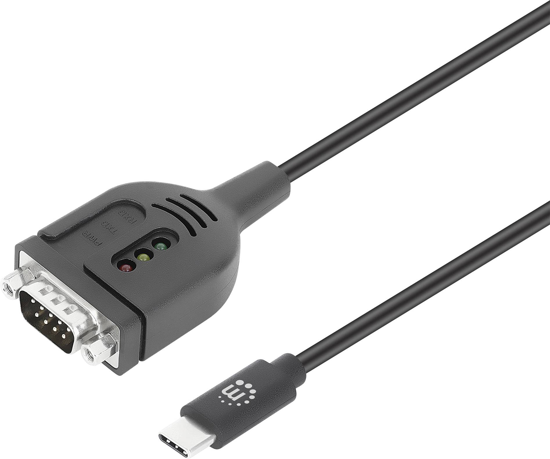 Câble adaptateur USB-C vers RS-232 série affichant un connecteur USB-C relié à un port série RS-232, utilisé pour connecter les appareils hérités.