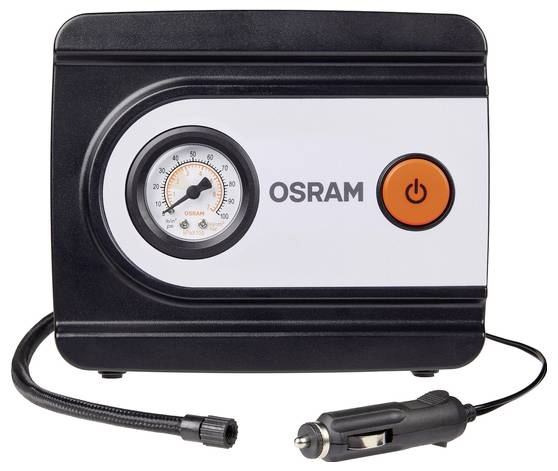 'Gonfleur de pneus portable OSRAM avec manomètre, bouton d'alimentation et prise allume-cigare de voiture. Design compact pour un rangement et une utilisation faciles.'